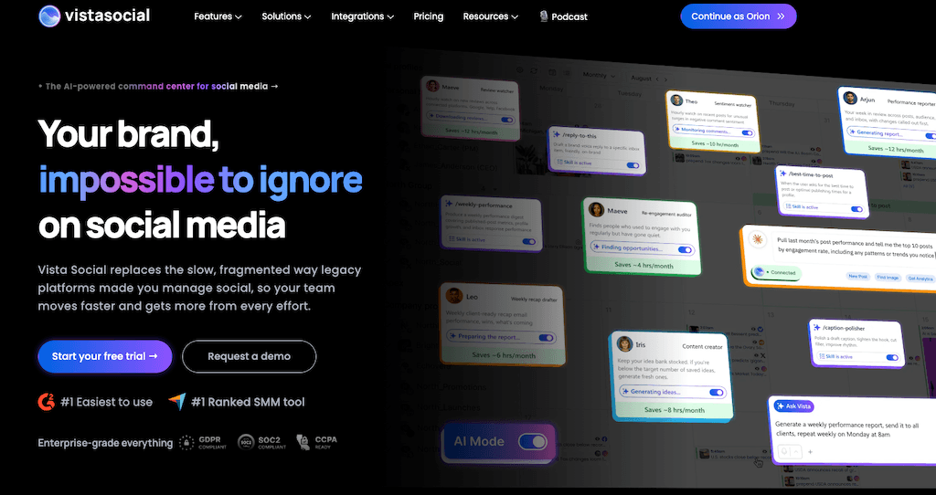 The homepage of Vista Social highlighting its positioning as an AI-powered social media command center.