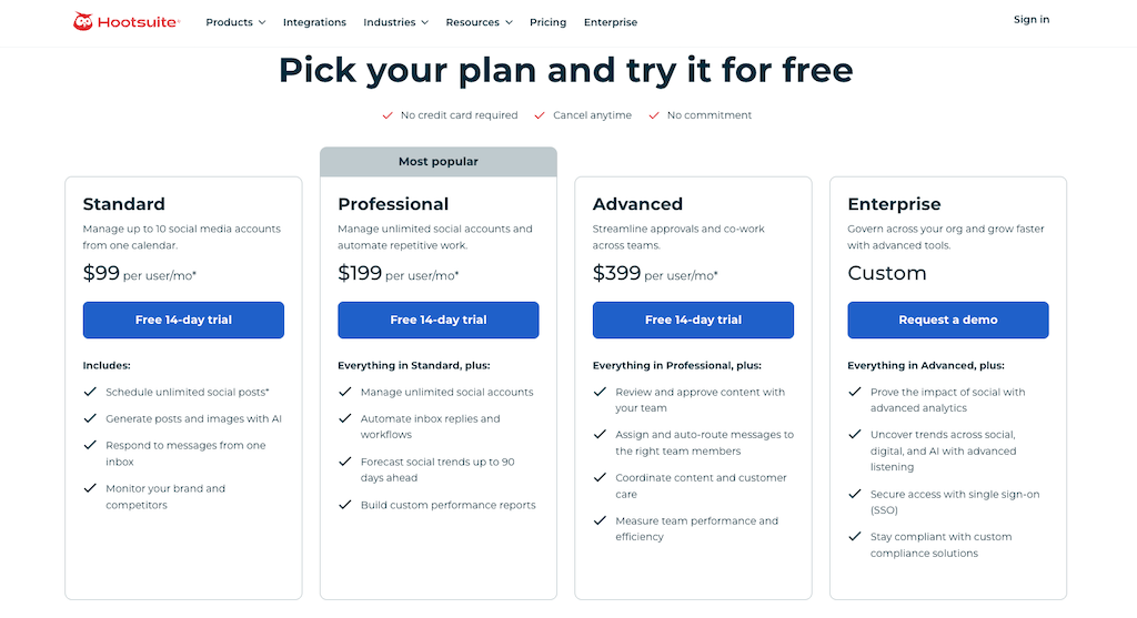 The pricing plan selection page for Hootsuite detailing Standard, Professional, Advanced, and Enterprise tiers.