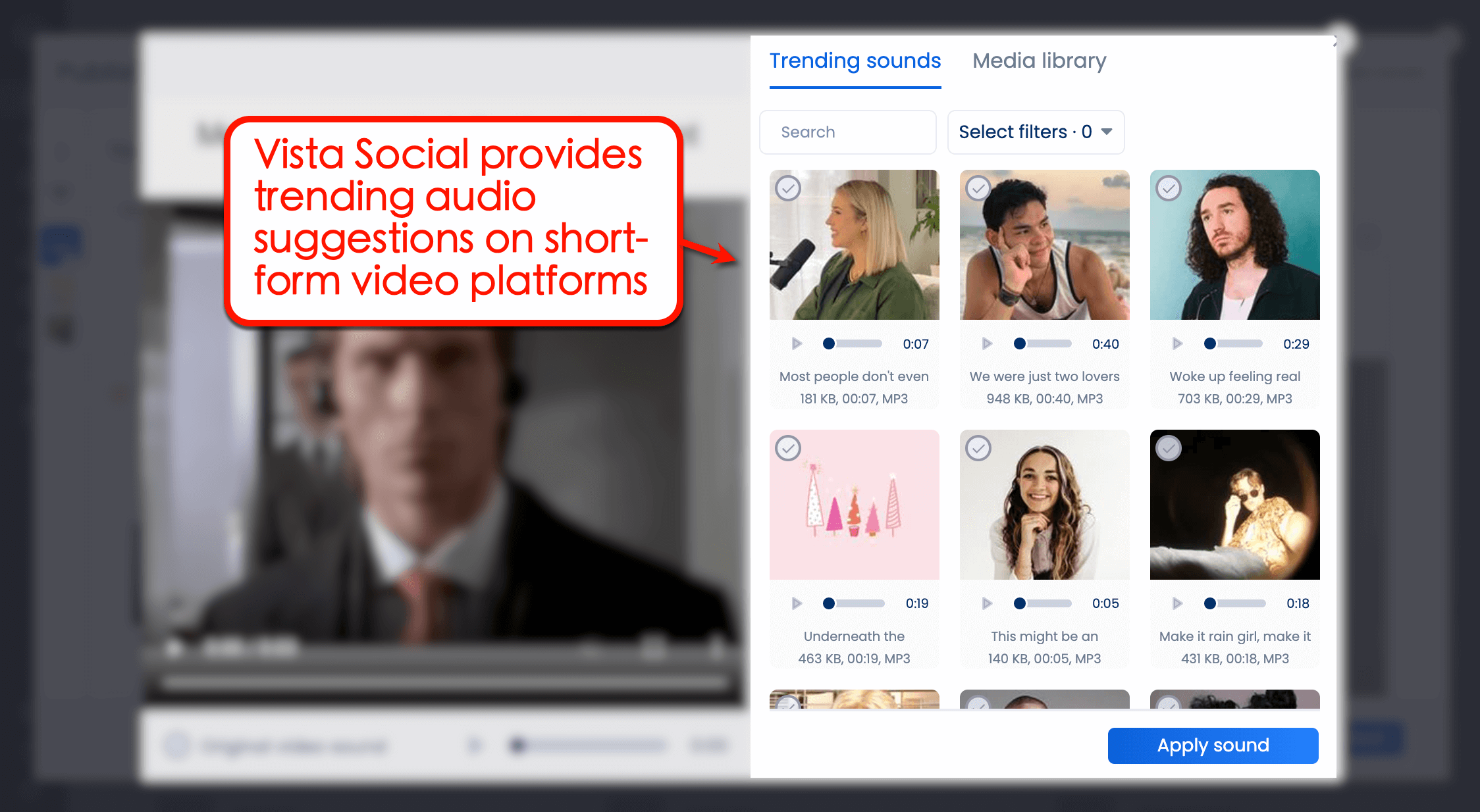 Vista Social provides trending audio suggestions