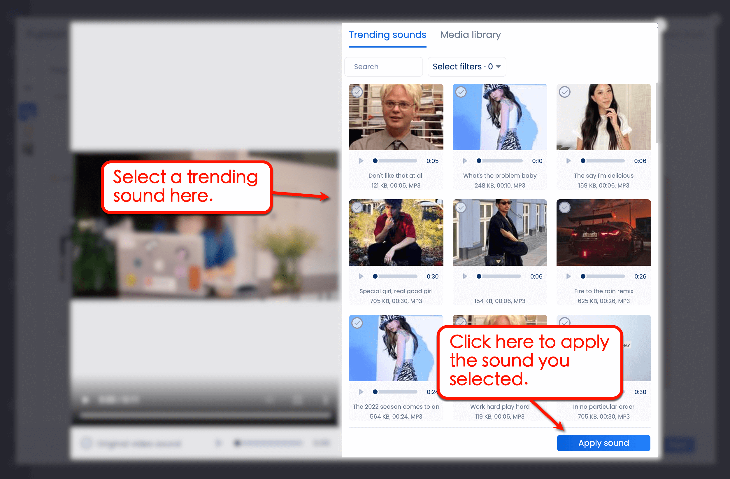 Click ‘Apply sound’ to finish preparing your video post.  