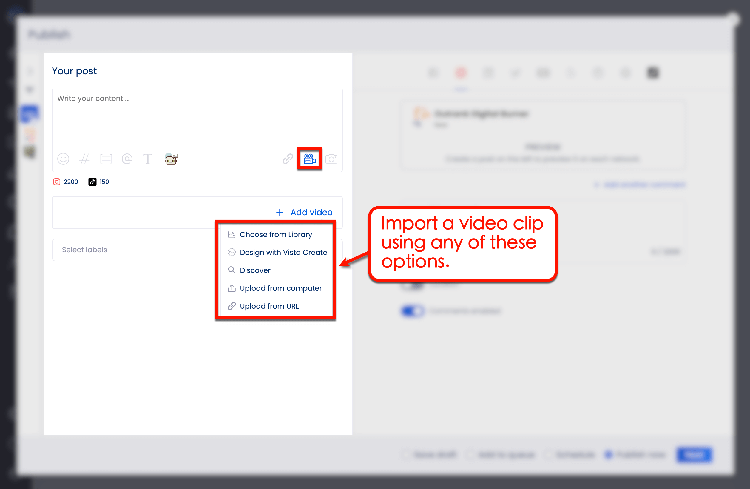 Import a video clip in Vista Social.