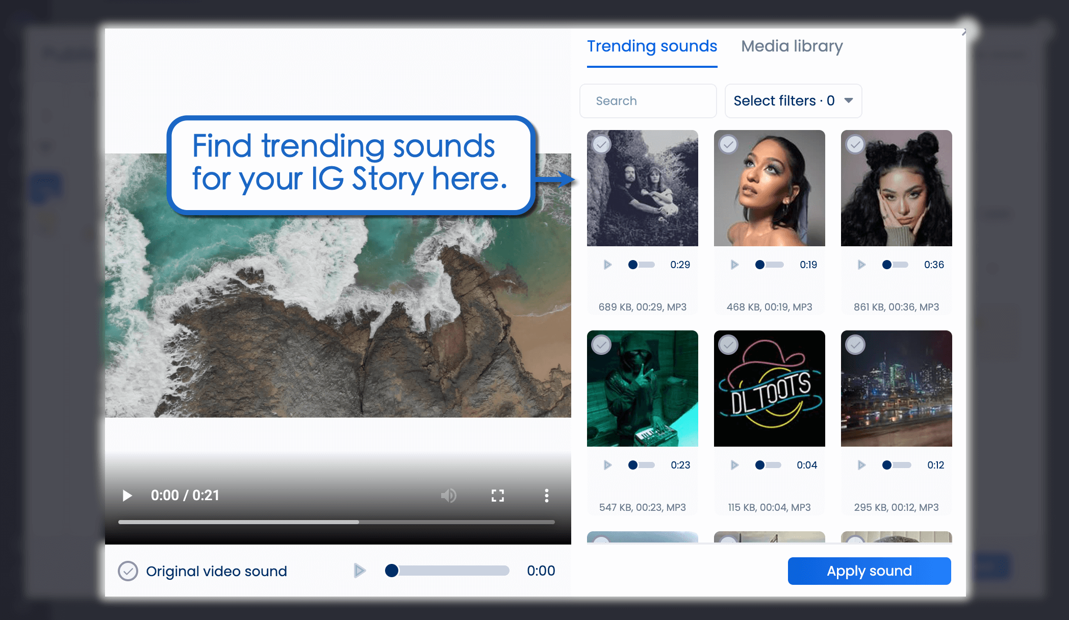 Trending sound suggestions in Vista Social.