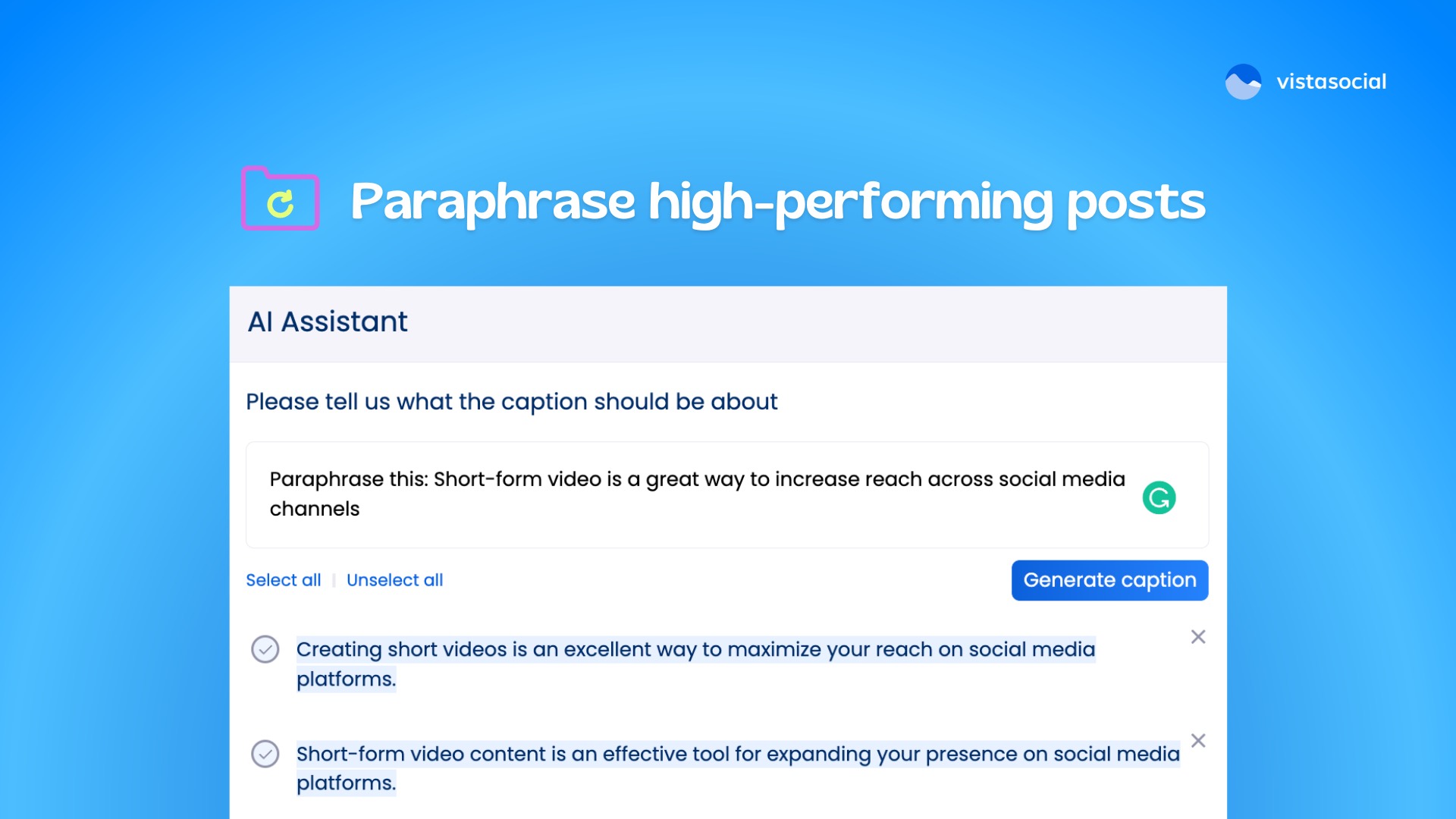 AI Social Media Text Generator - paraphrase high-performing posts - Vista Social 