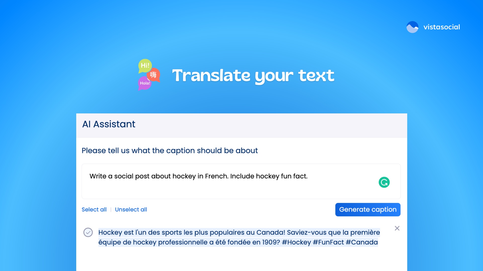 AI Social Media Text Generator - translate your text - Vista Social 