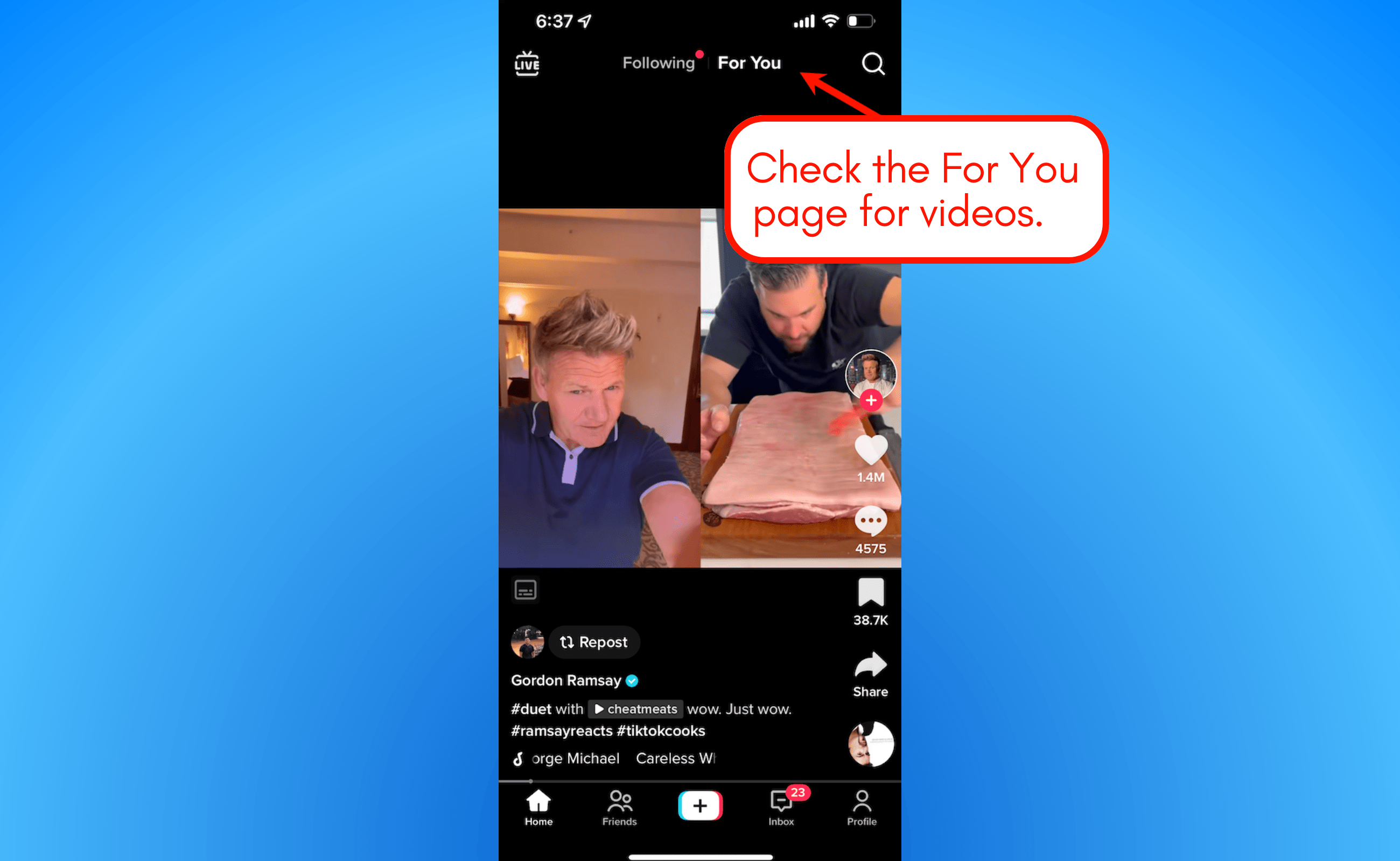Screenshot of TikTok's For You page for videos.
