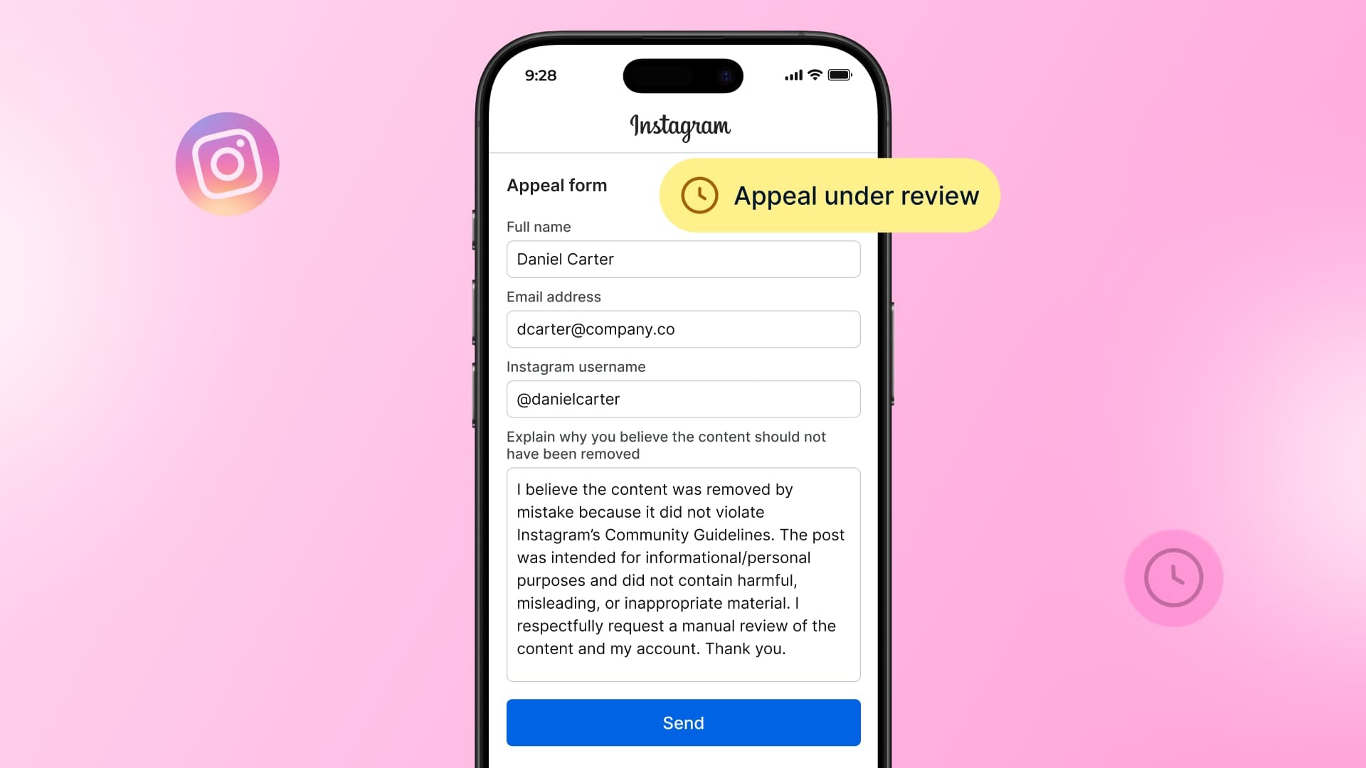 An illustration of the Instagram appeal form on a smartphone.
