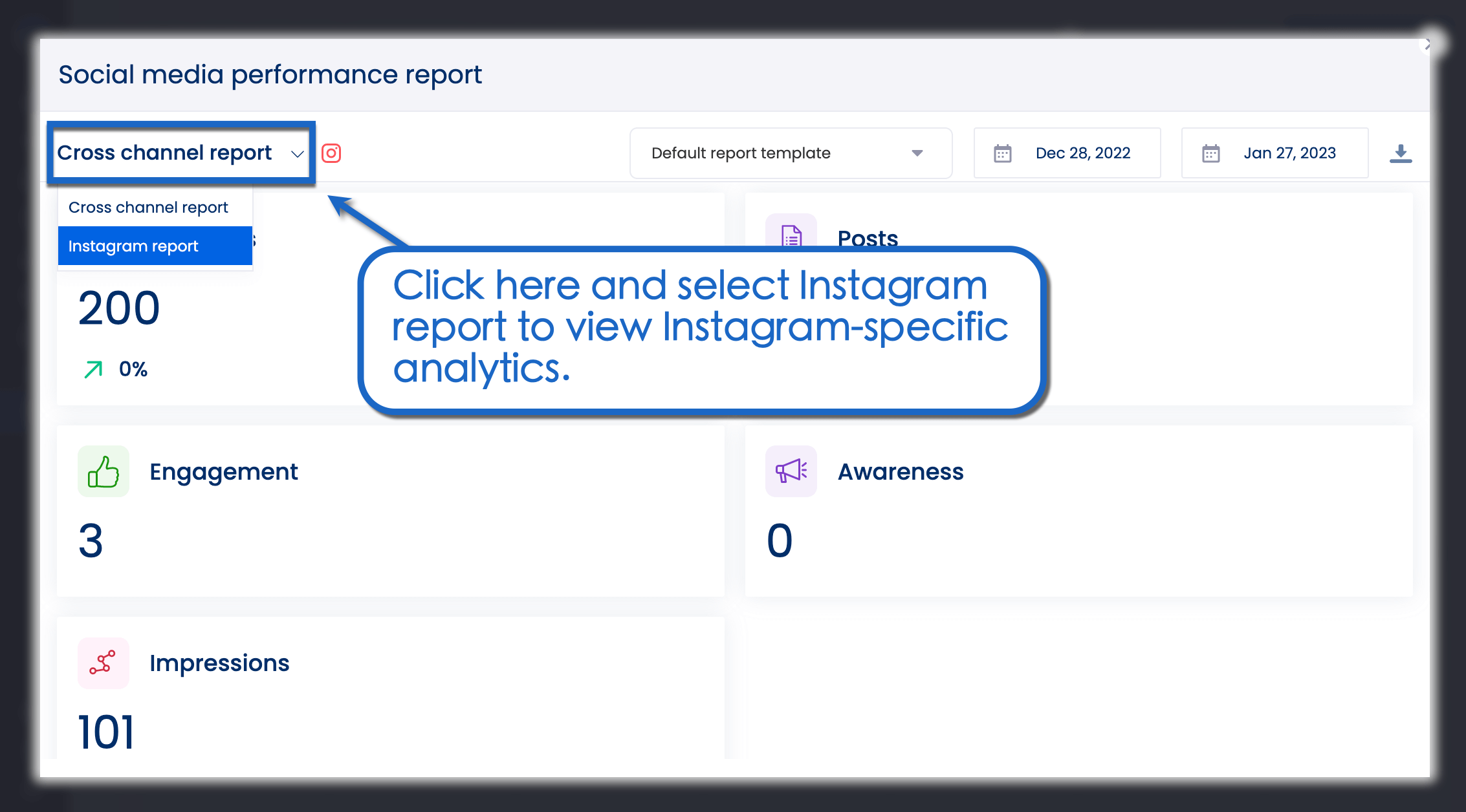 Analyze your Instagram profile specifically through cross channel report.