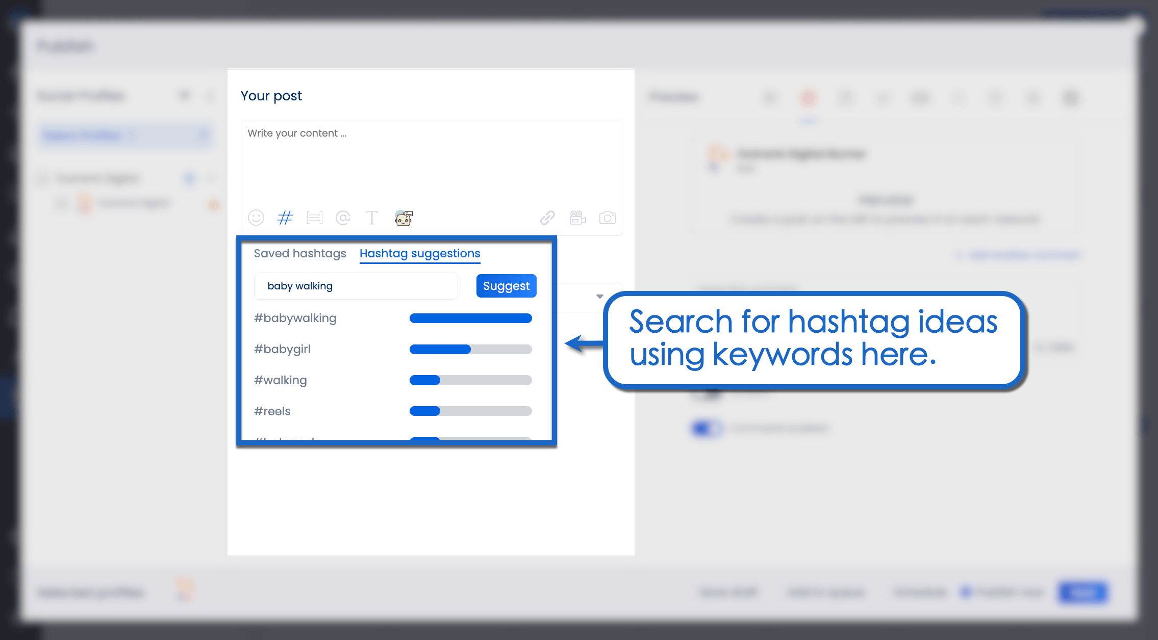 Search for hashtags using a keyword.