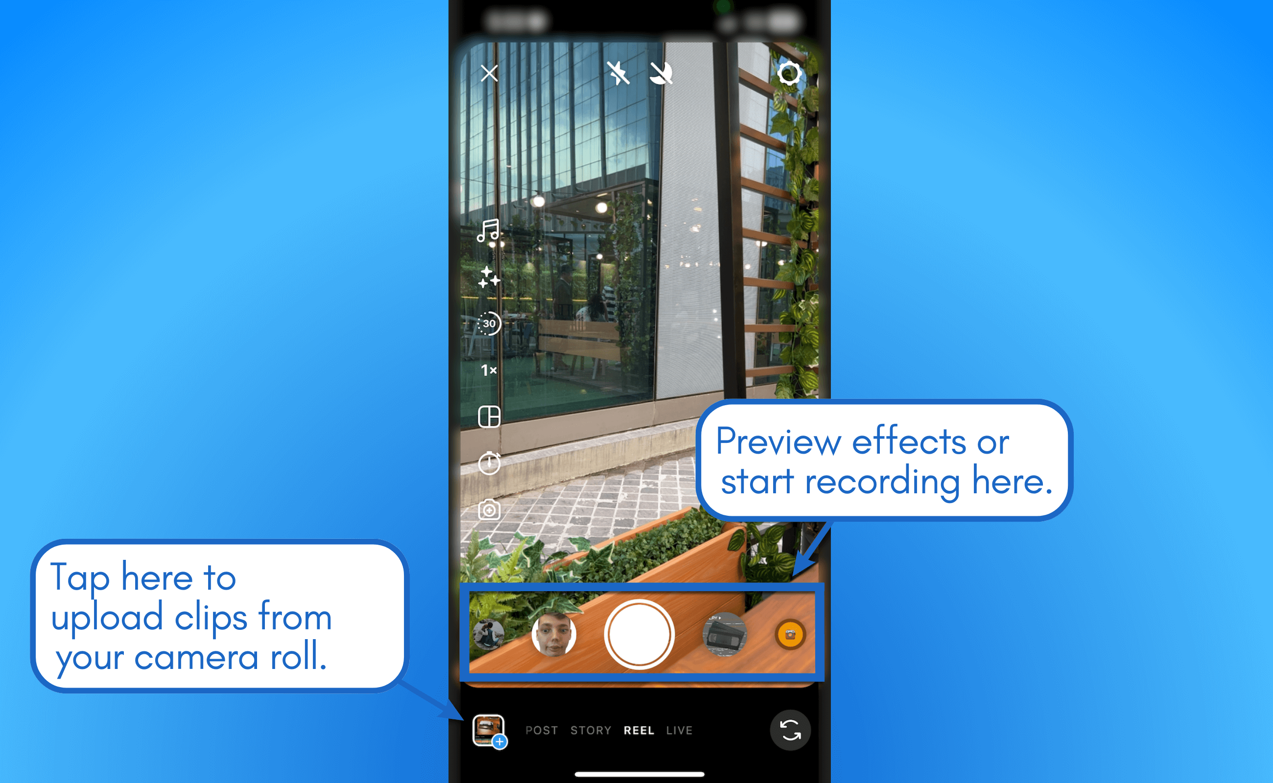 Preview effects or start recording.