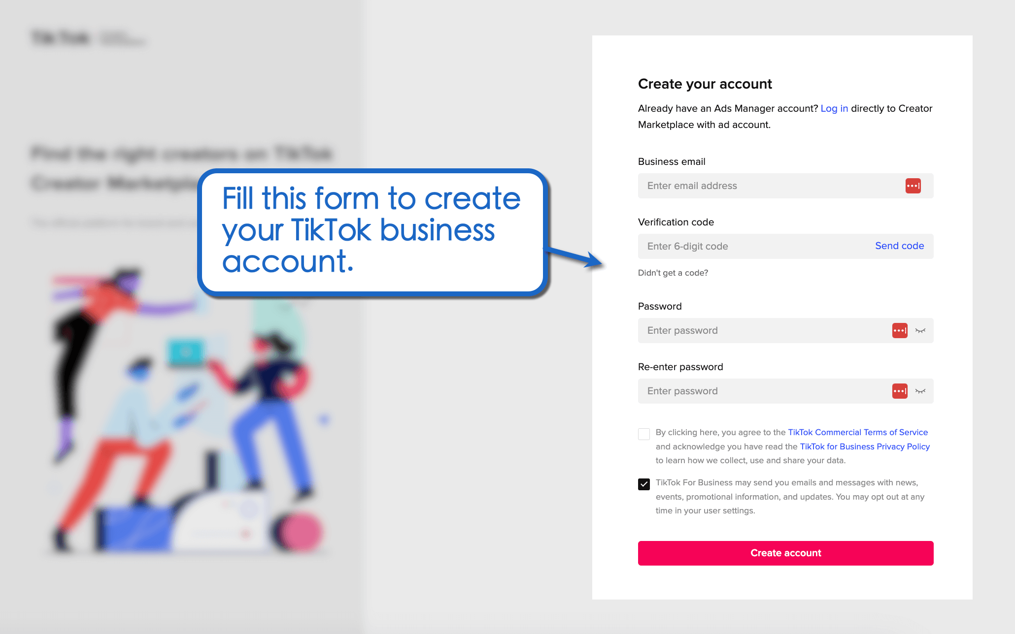 Fill the form to create your TikTok Business acccount.
