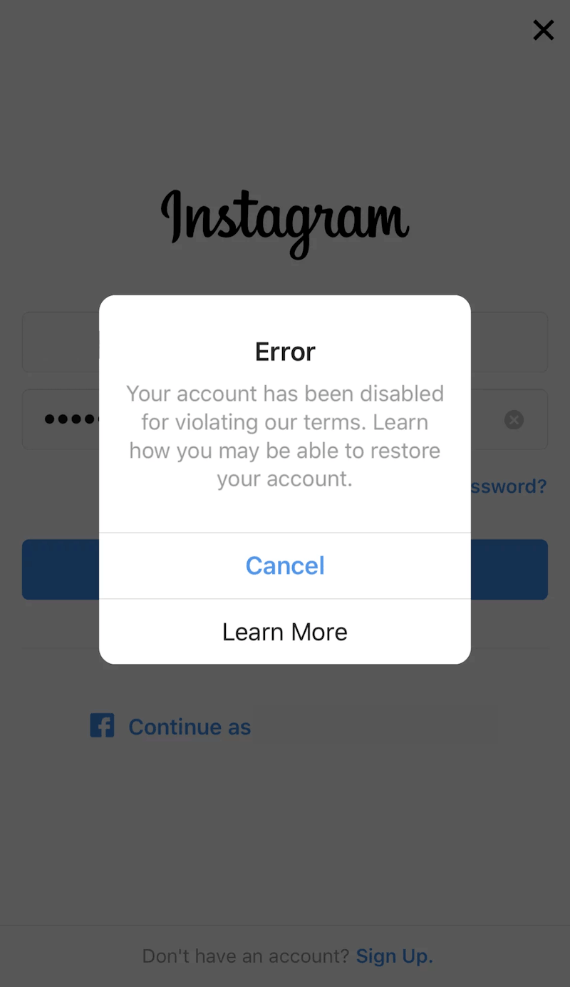 Notice that your Instagram account is disabled.