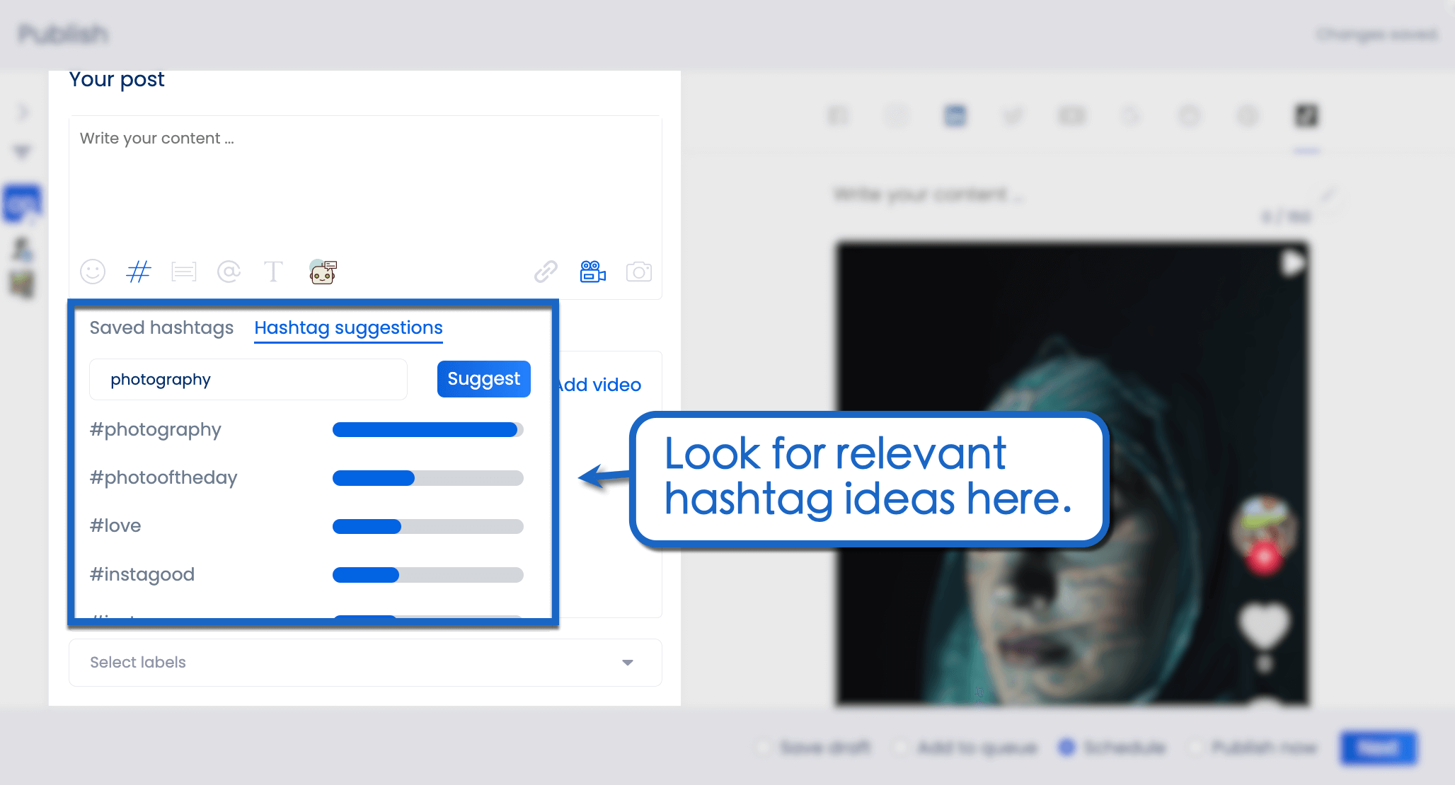 Click the hashtag icon in the Vista Social publisher.