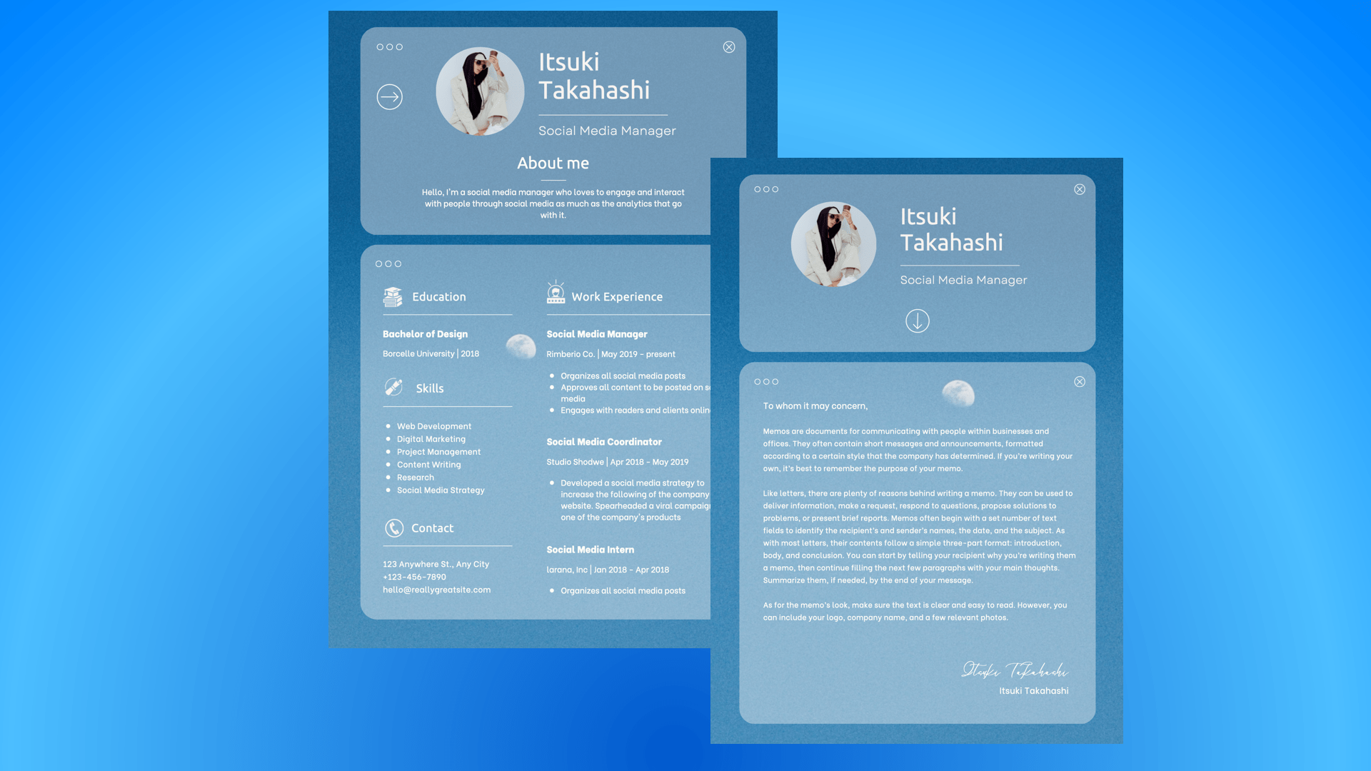Blue minimalist photo-centric resume template by Canva.