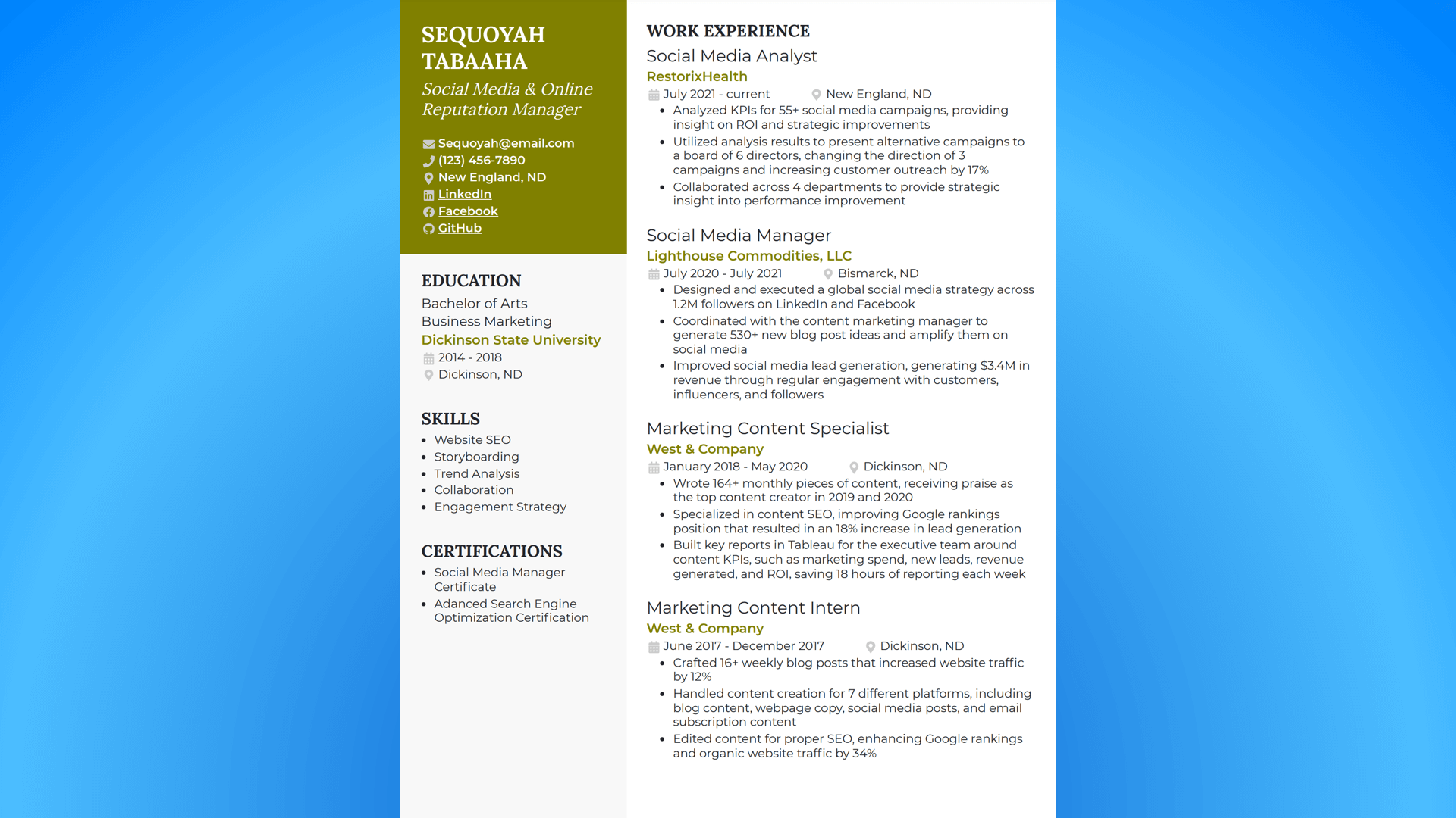Social media and online reputation manager resume by BeamJobs.