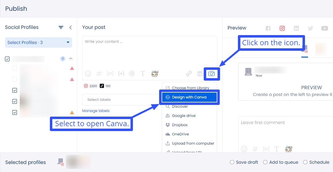 On the Publisher, click the camera icon and select Design with Canva. 