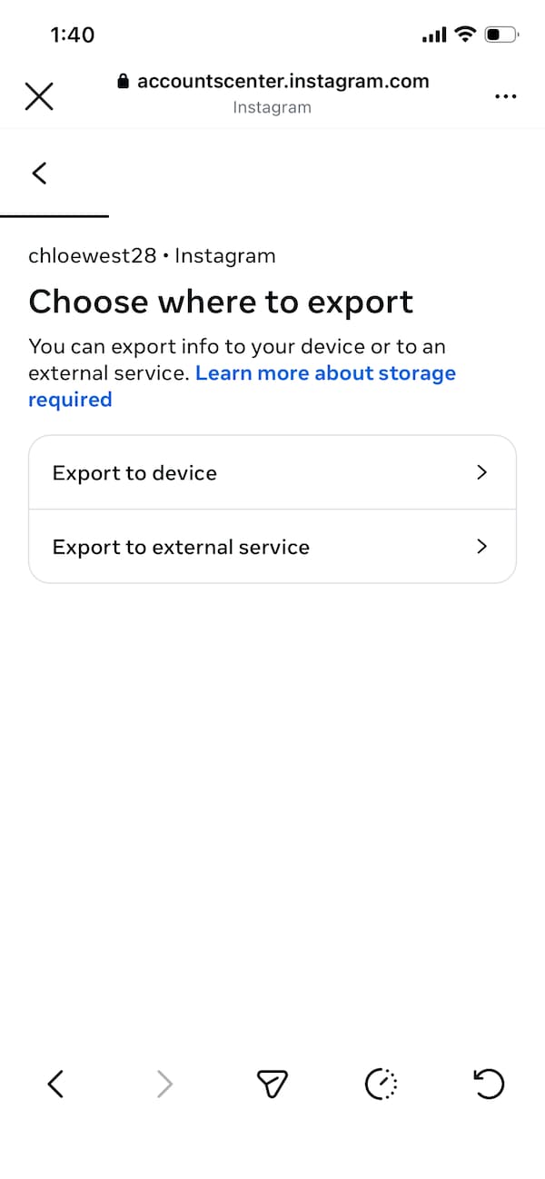 A screenshot showing where to choose where to export Instagram data.