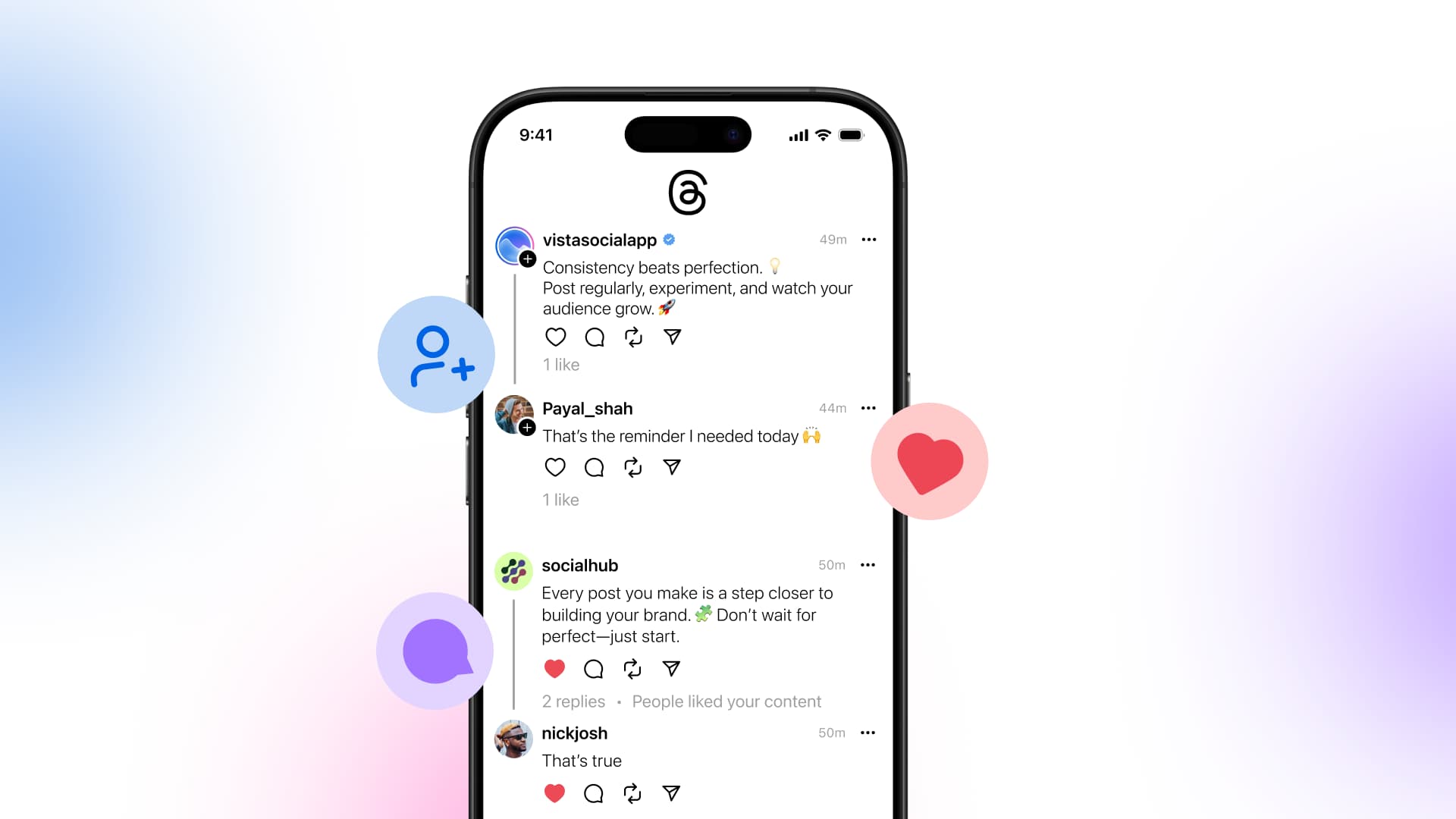 An illustration of a Threads post with follower, like, and comment icons surrounding it.