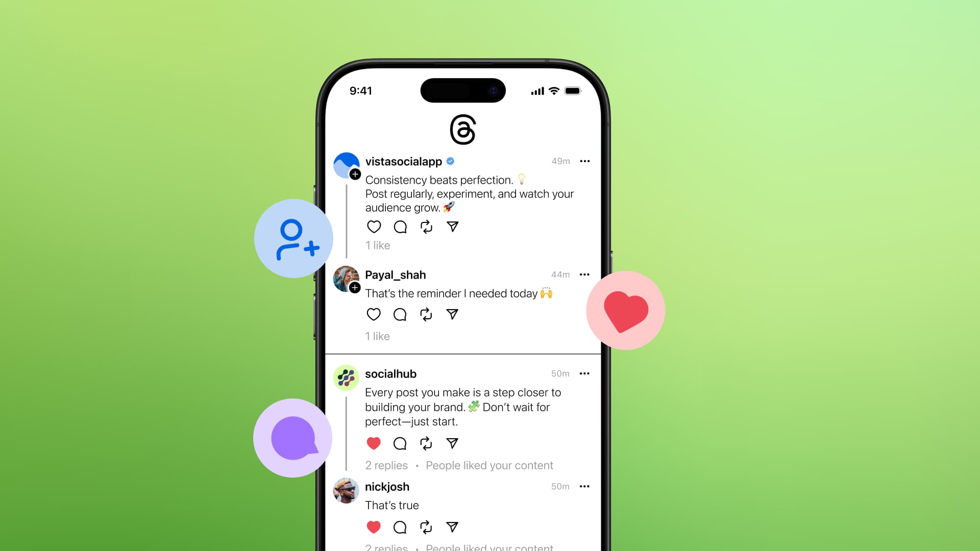 An illustration of a Threads post with follower, like, and comment icons surrounding it.
