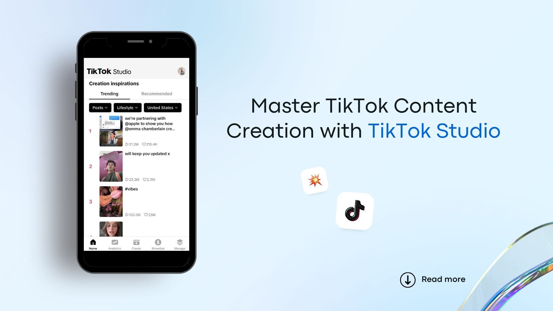 Master TikTok Content Creation with TikTok Studio. Phone displays TikTok Studio in the app.
