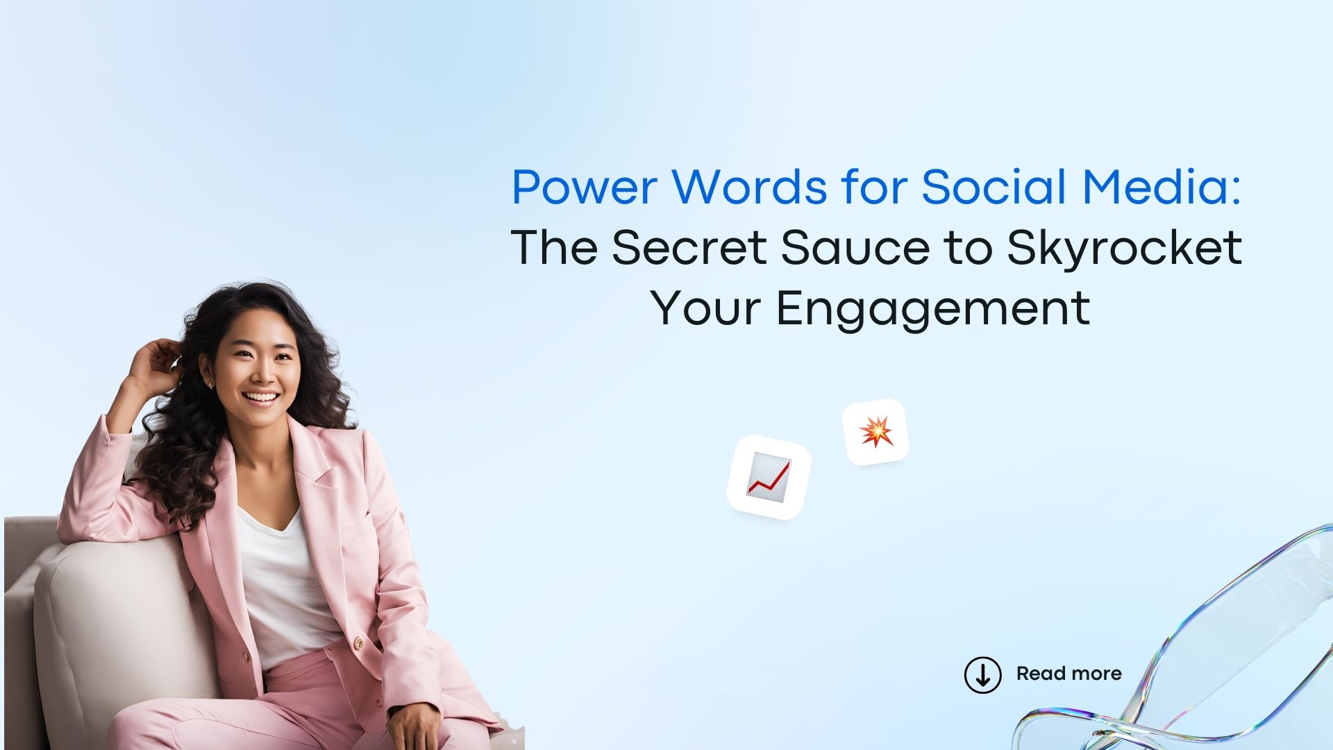Power Words For Social Media. Woman in a pink pant suit lounges on the couch.