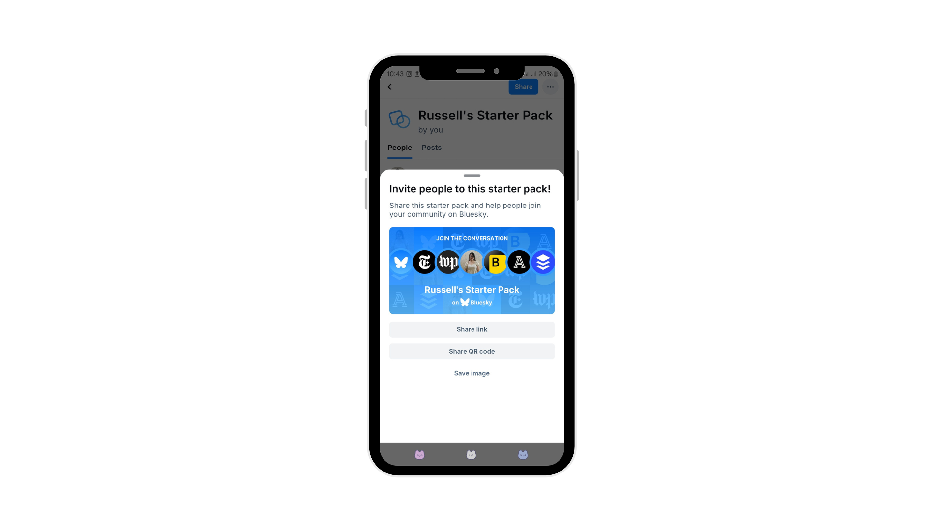 How to use Bluesky to invite others by sharing a starter pack via link, QR code, or image.