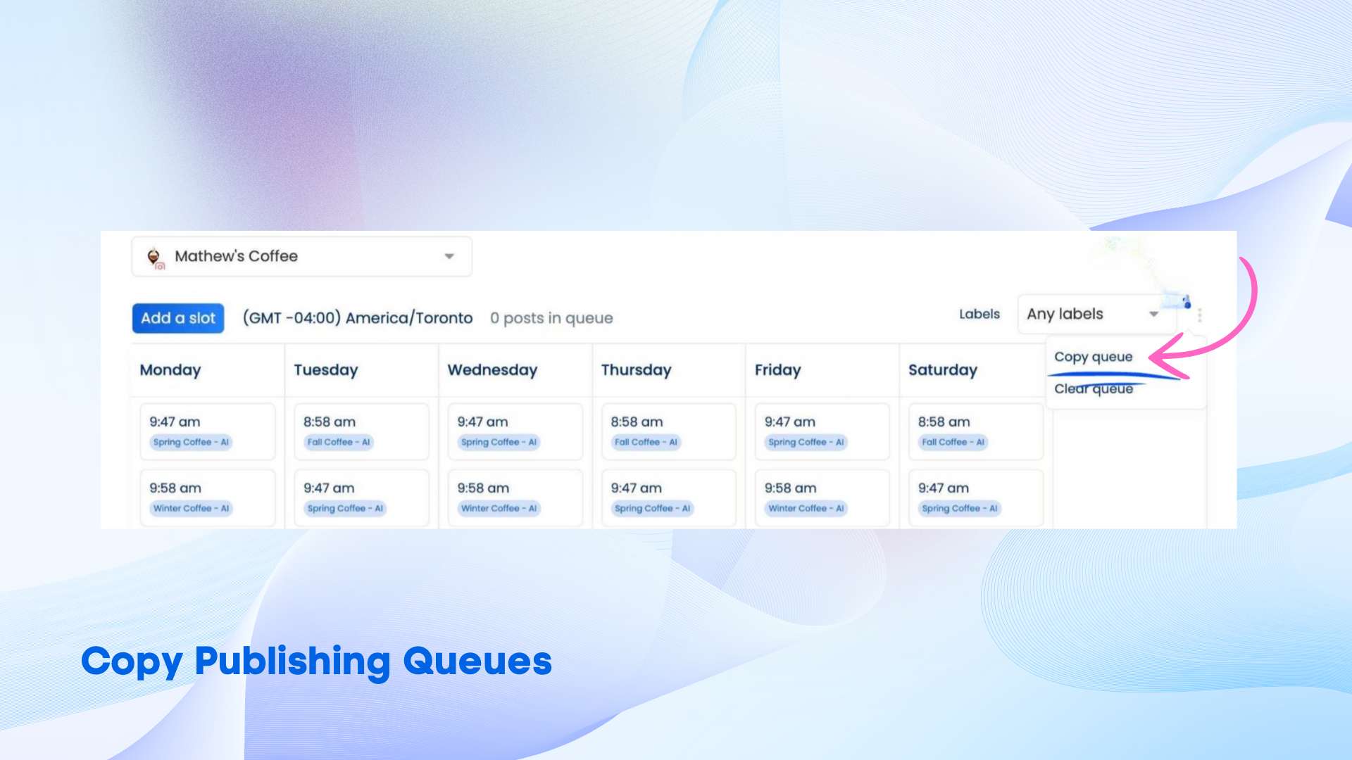 Vista social interface showing the copy publishing queue feature, where users can simply copy a pre-existing queue to a different day.