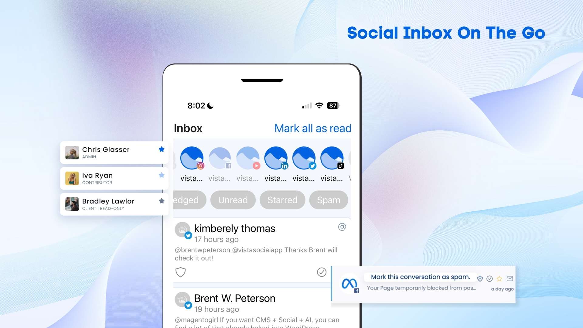 Vista Social interface of the mobile application, where the user can reply to all inboxes while on the go.