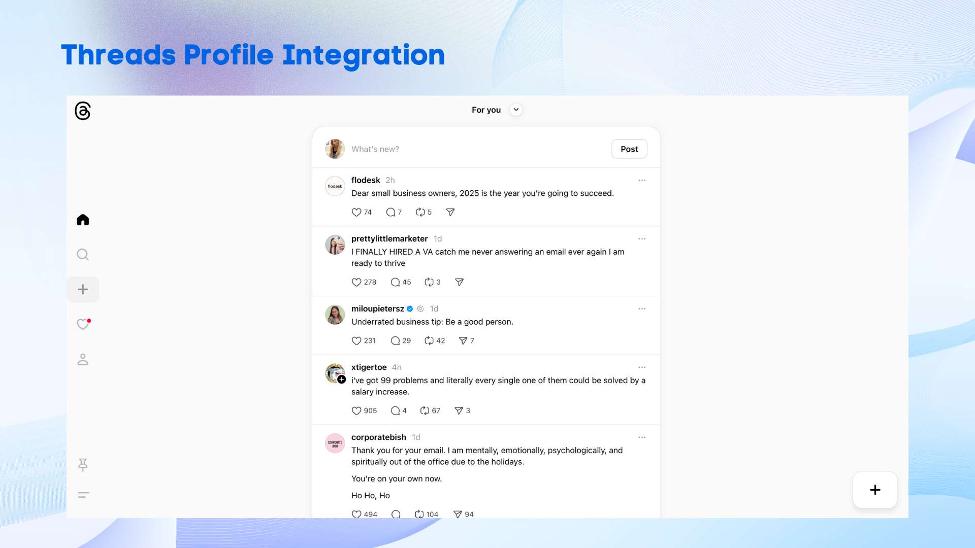 Vista social interface showing the new Threads integration. Users can now manage their Threads profiles while on the VS app.