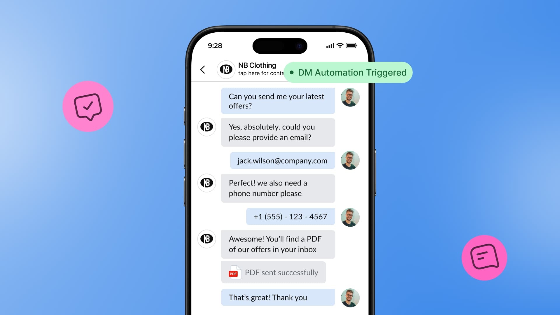 An illustration showcasing Vista Social's DM automation and PDF attachments.
