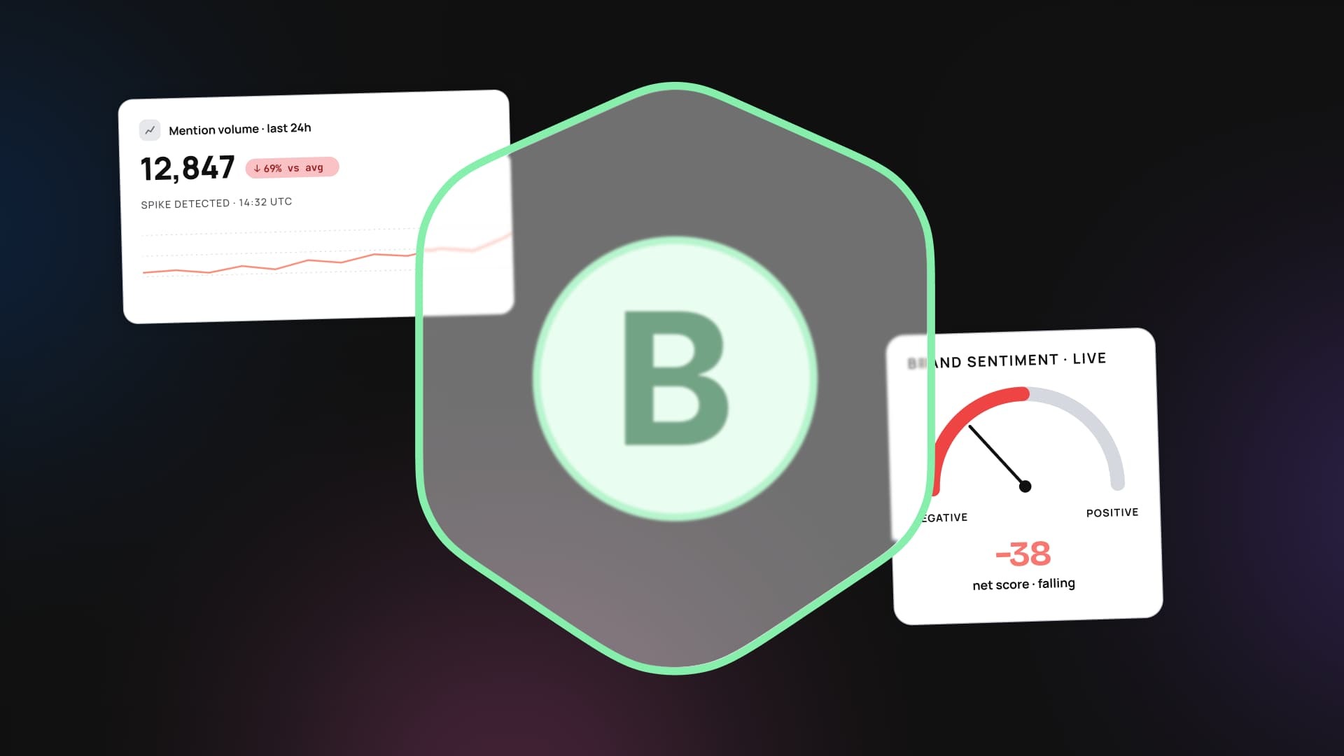 An illustration of a brand shield in front of social media crisis indicators.