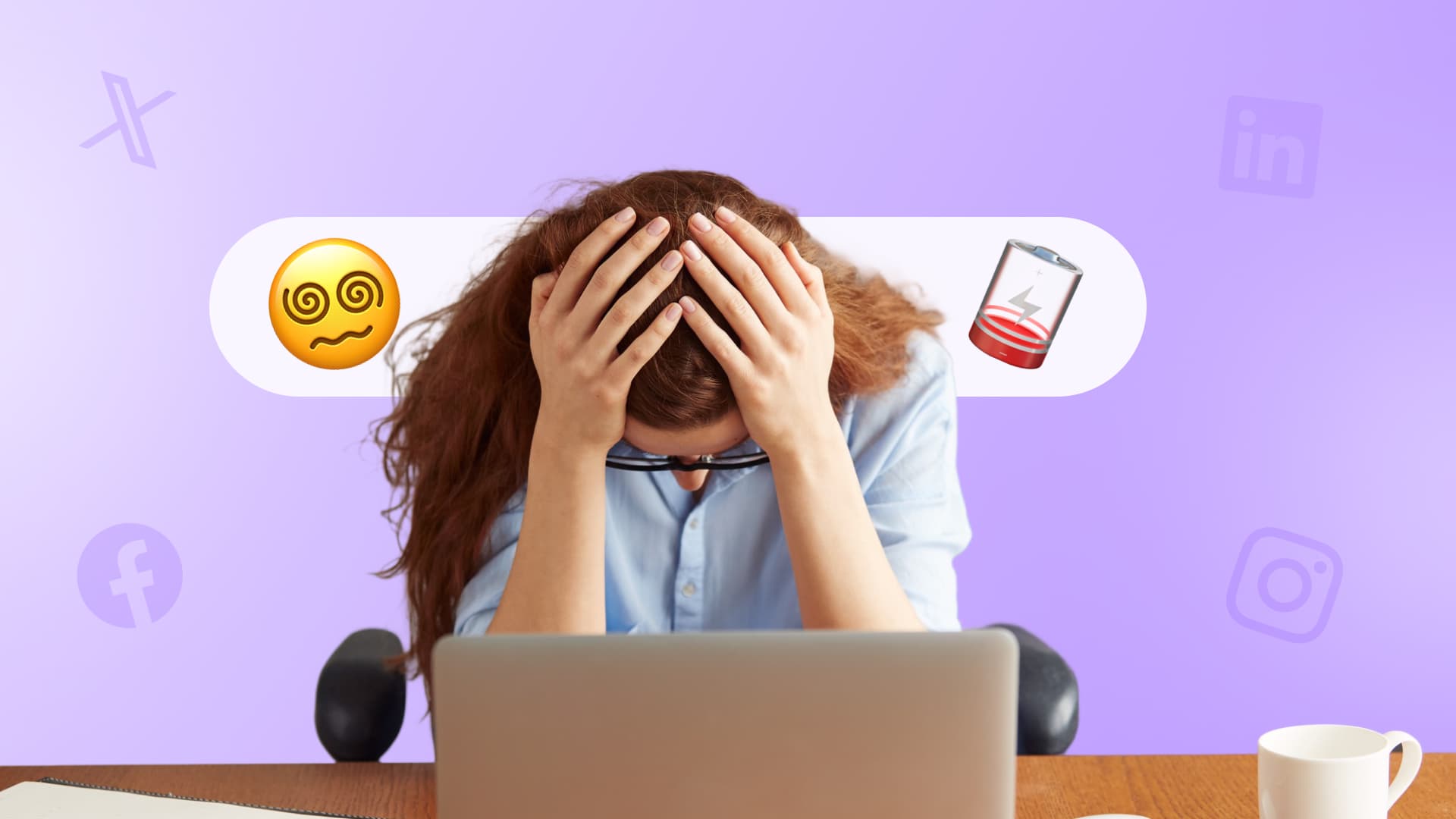 An illustration of a social media manager with her head in her hands in front of a computer suffering from burnout.
