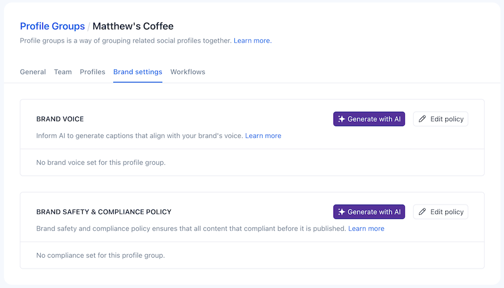 The brand safety settings in Vista Social with brand voice and policy information.