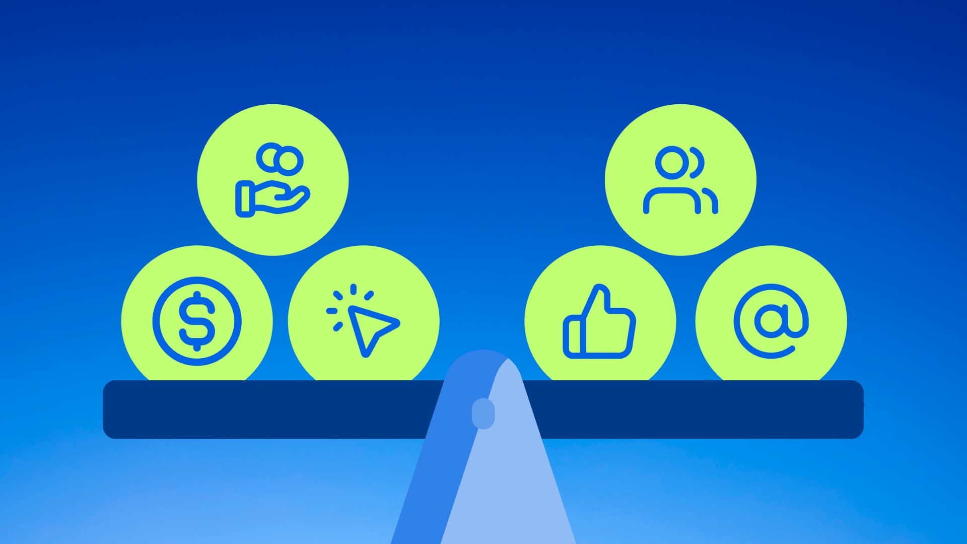 An illustration showcasing a scale with icons representing affiliate marketing and influencer marketing balancing on each side.