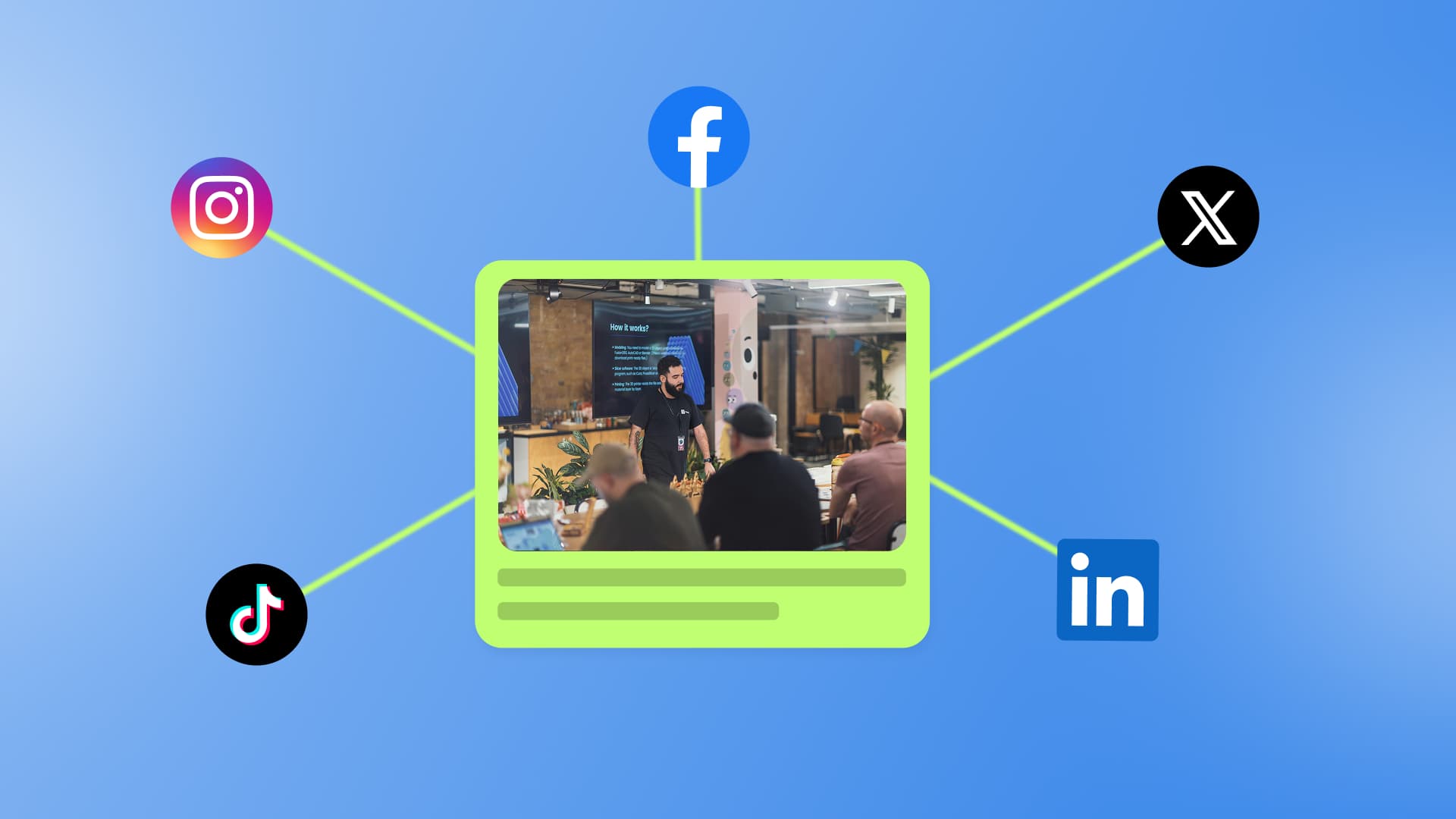 An illustration of a social media post going out to different platforms.
