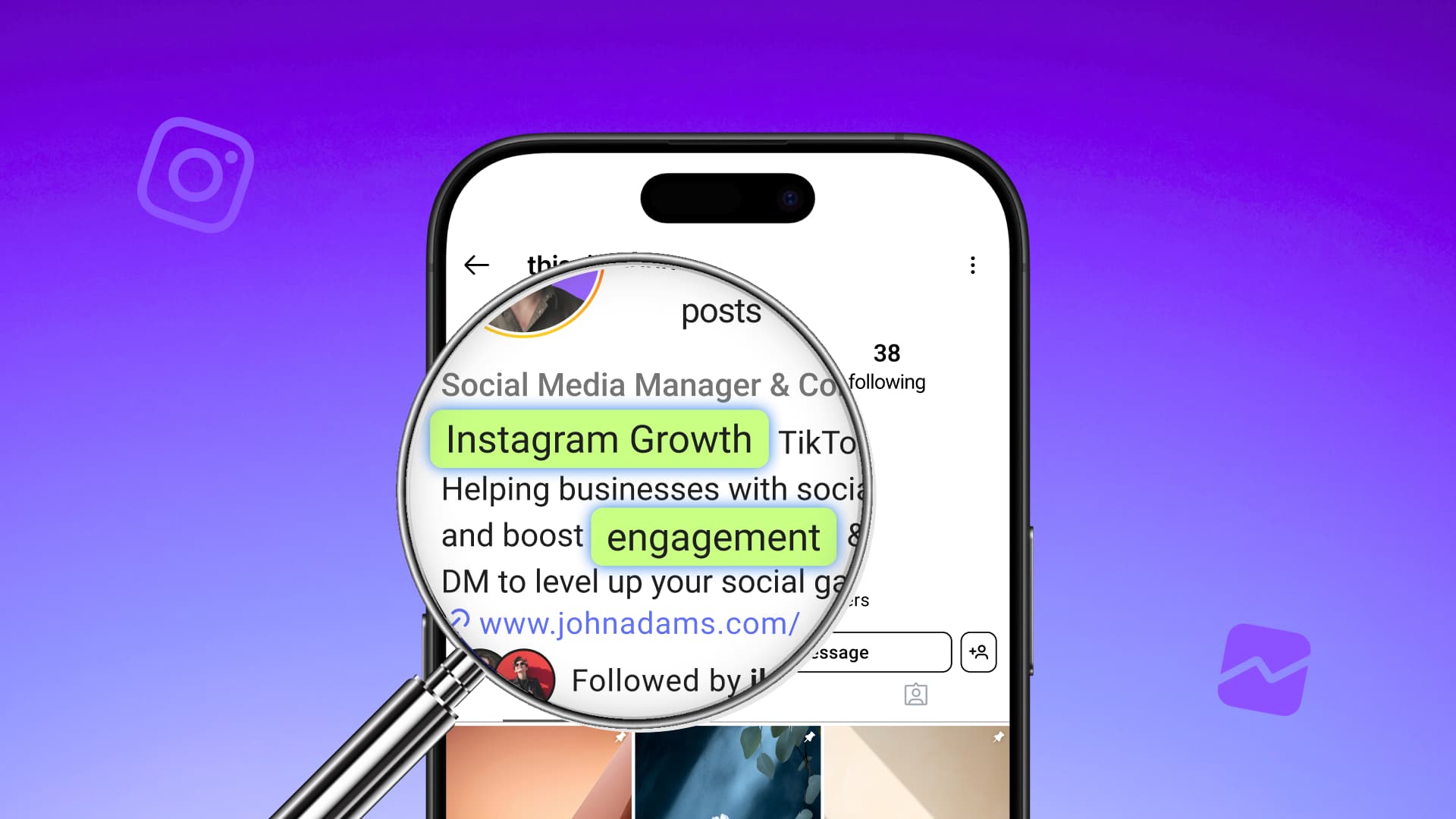 A magnifying glass highlighting the keywords in an Instagram bio.