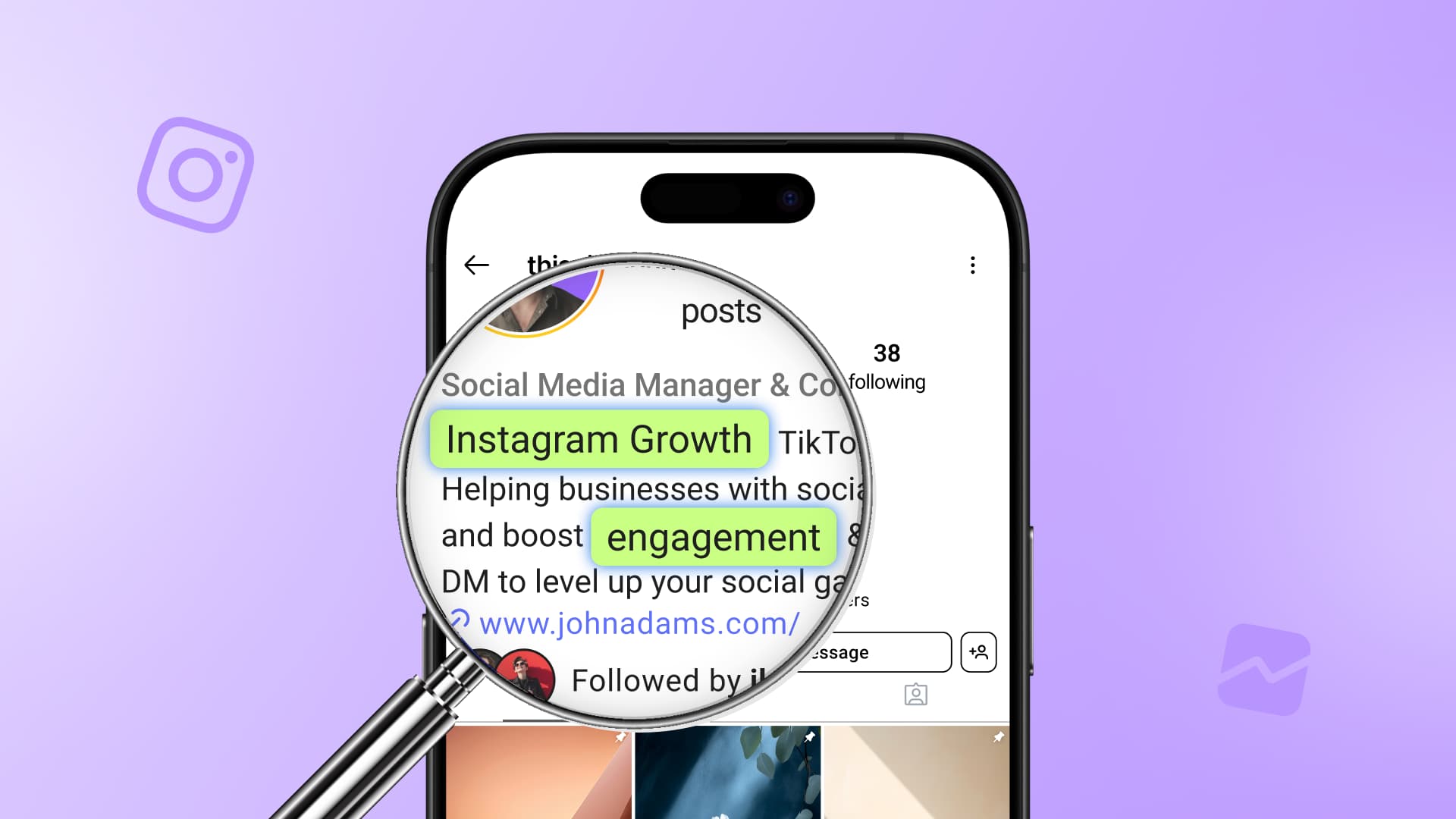 An illustration of a magnifying glass highlighting the keywords in an Instagram bio.