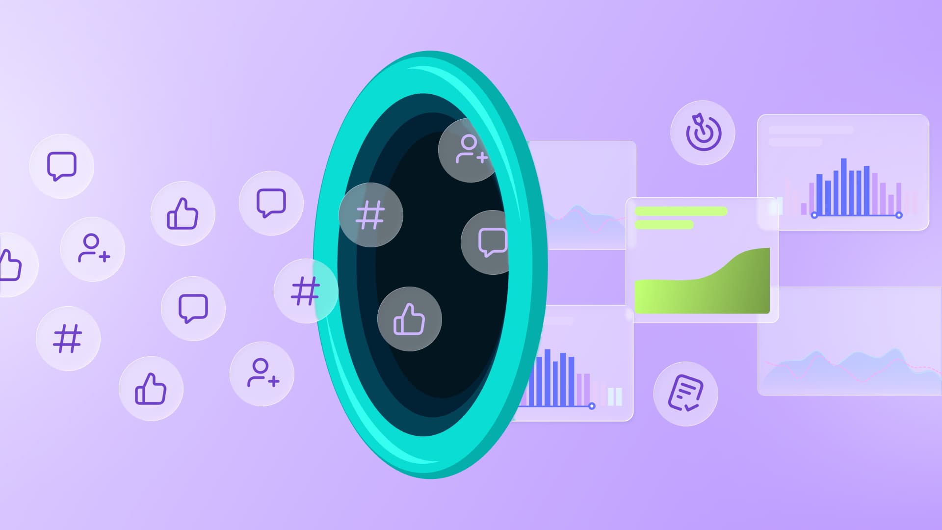 An illustration of marketing icons going into a funnel and being turned into insights.