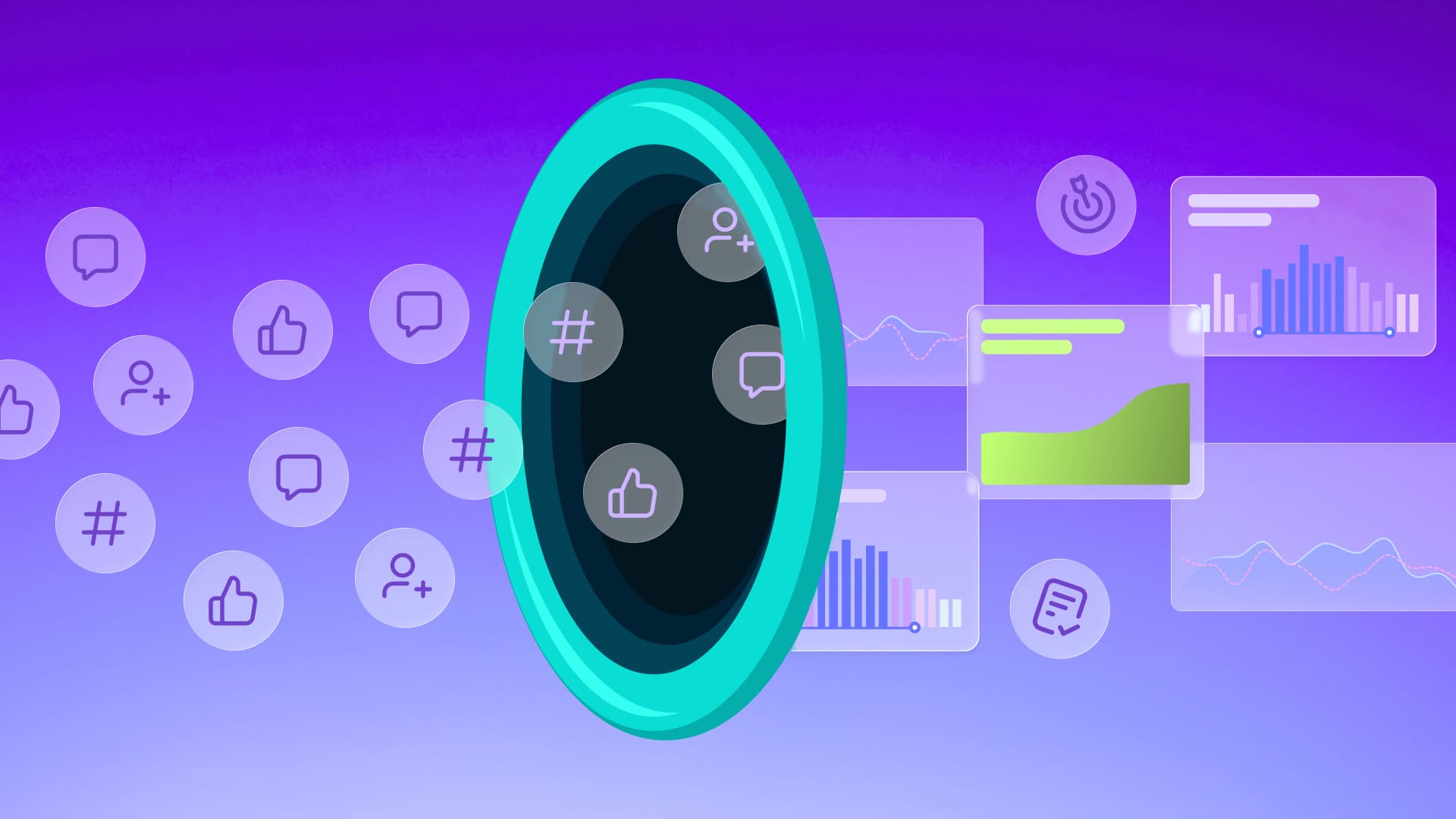 An illustration of marketing icons going into a funnel and being turned into insights.