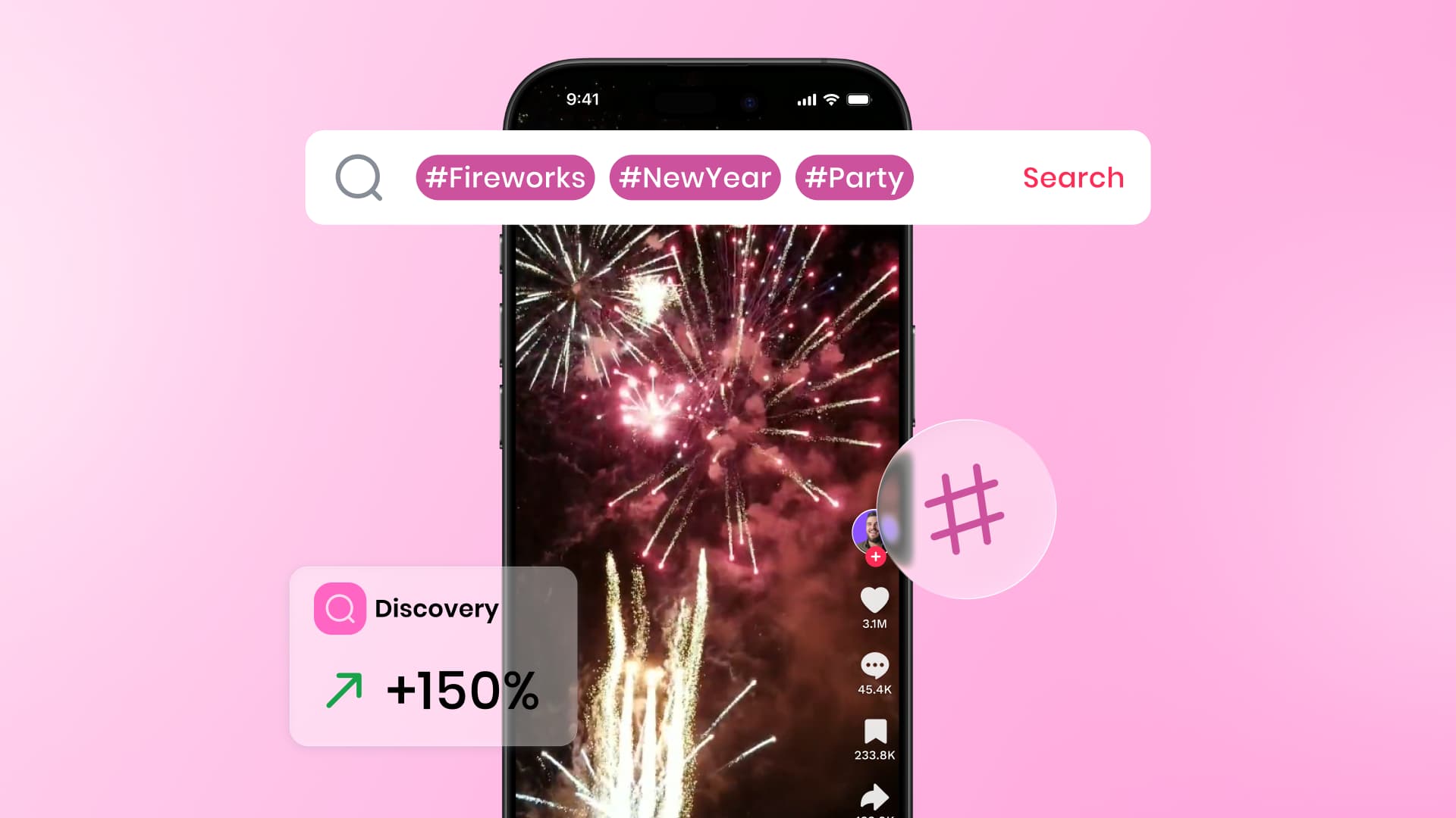 An illustration showcasing a TikTok alongside keywords and reach metrics.
