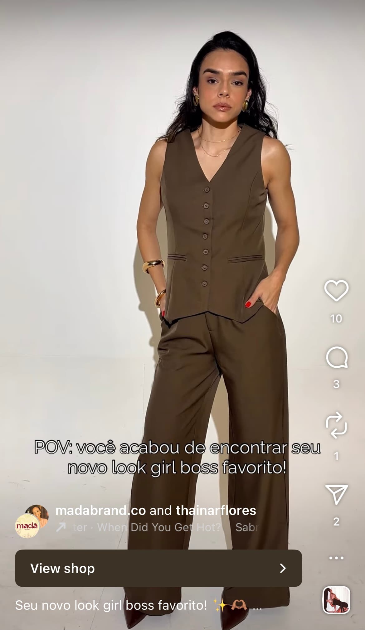 A screenshot of an Instagram reel showcasing a fashion product and using a "Shop Now" CTA.