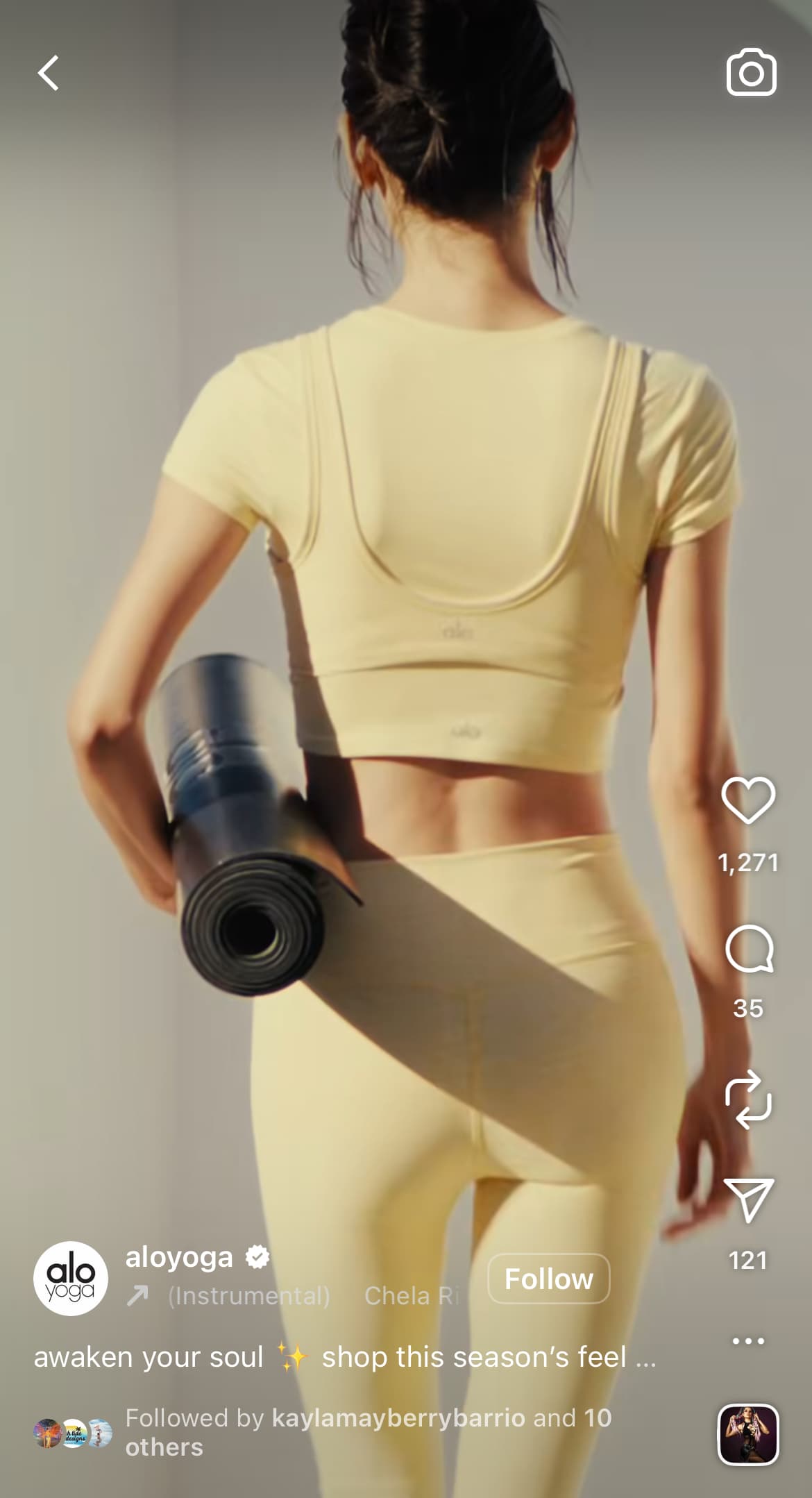 A screenshot of an Instagram Reel from Alo Yoga showing how to create reels for making sales.