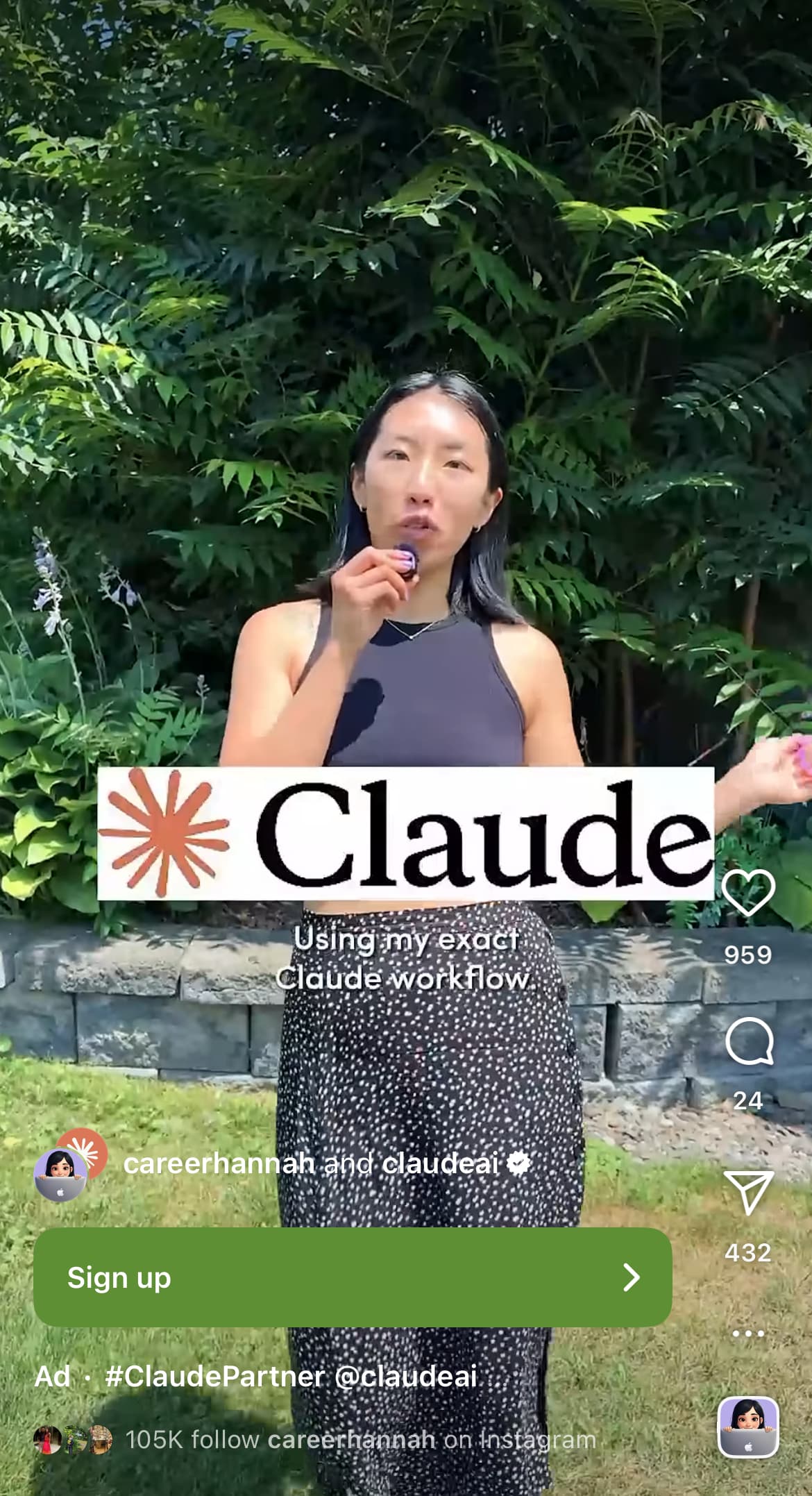 A screenshot of a Reel from SaaS company Claude using a "Sign up" CTA.
