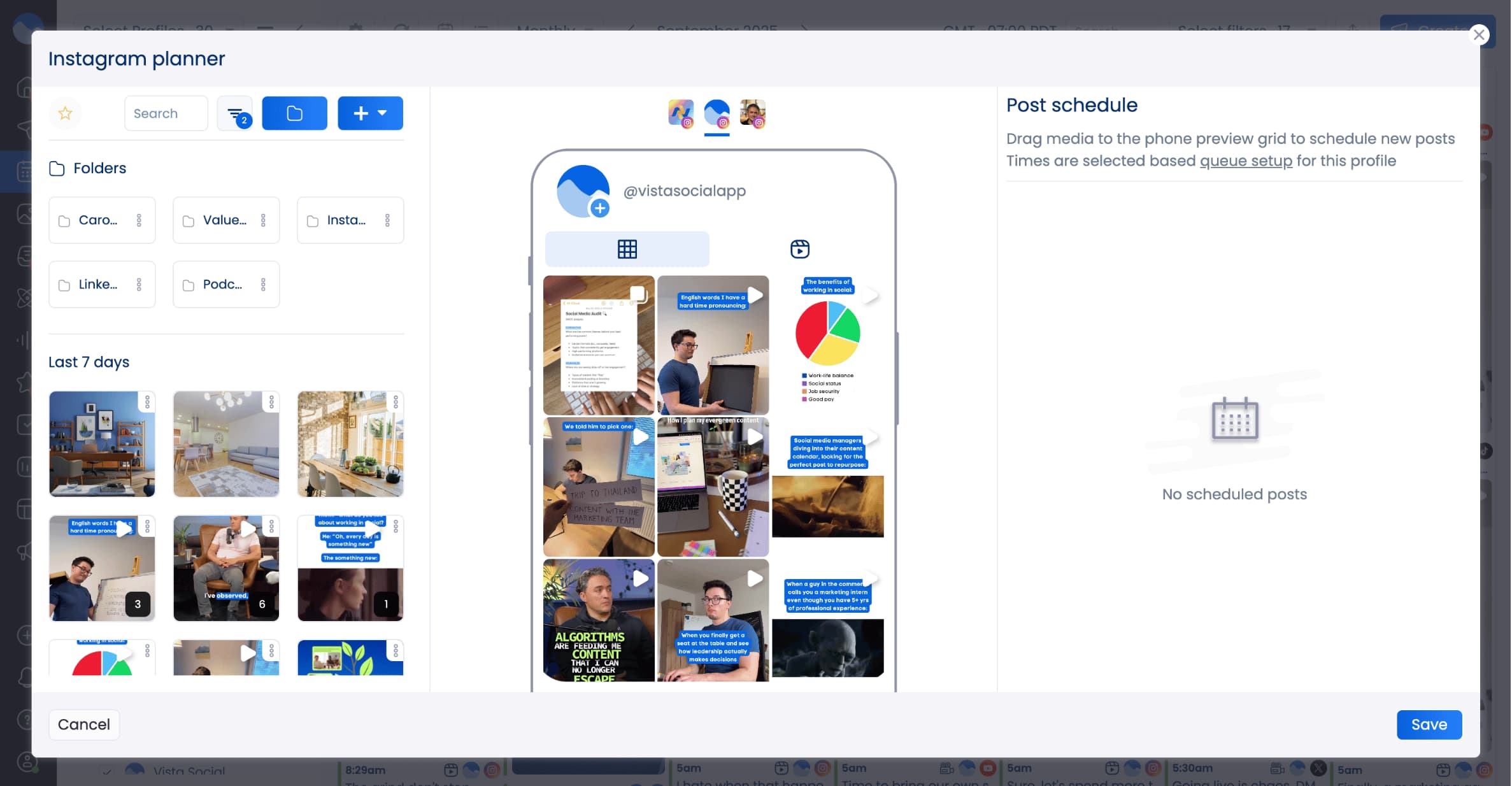 A screenshot of the Instagram visual planner within Vista Social.