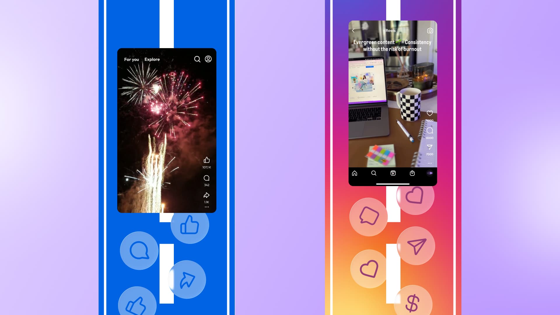 An illustration of two roads side-by-side: one representing Facebook Reels and the other representing Instagram Reels.