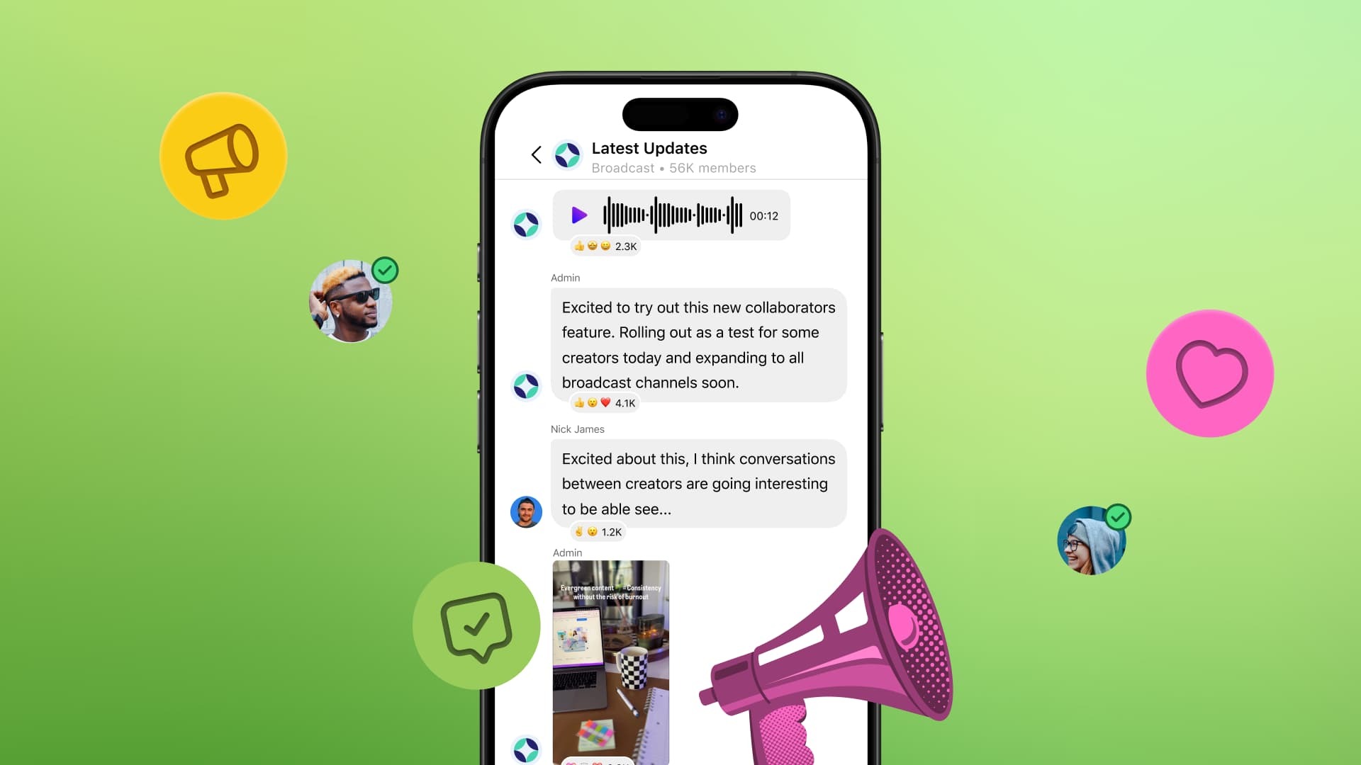 An illustration showcasing a megaphone overtop an Instagram broadcast channel.