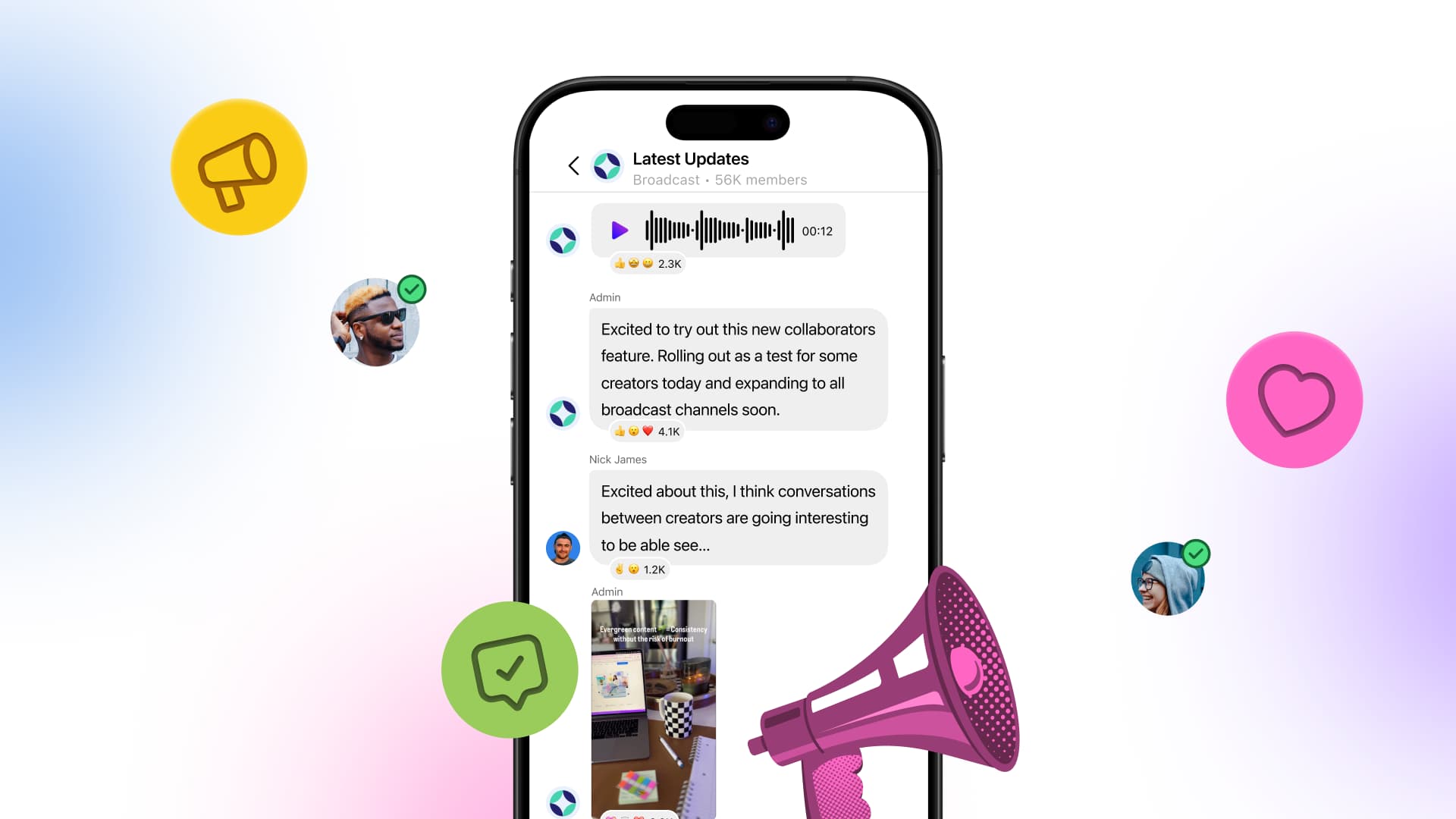 An illustration showcasing a megaphone overtop an Instagram broadcast channel.
