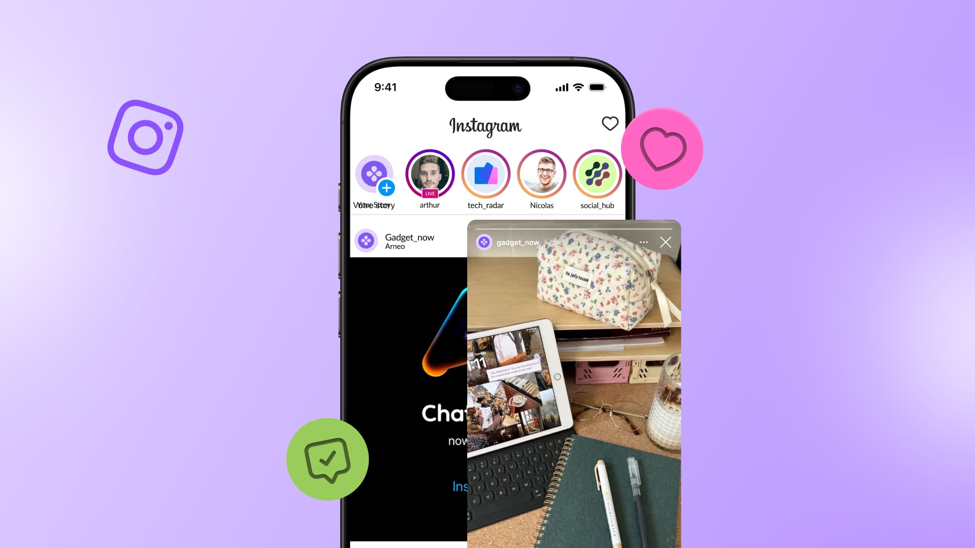 An illustration of an Instagram story popping up from the Instagram app.