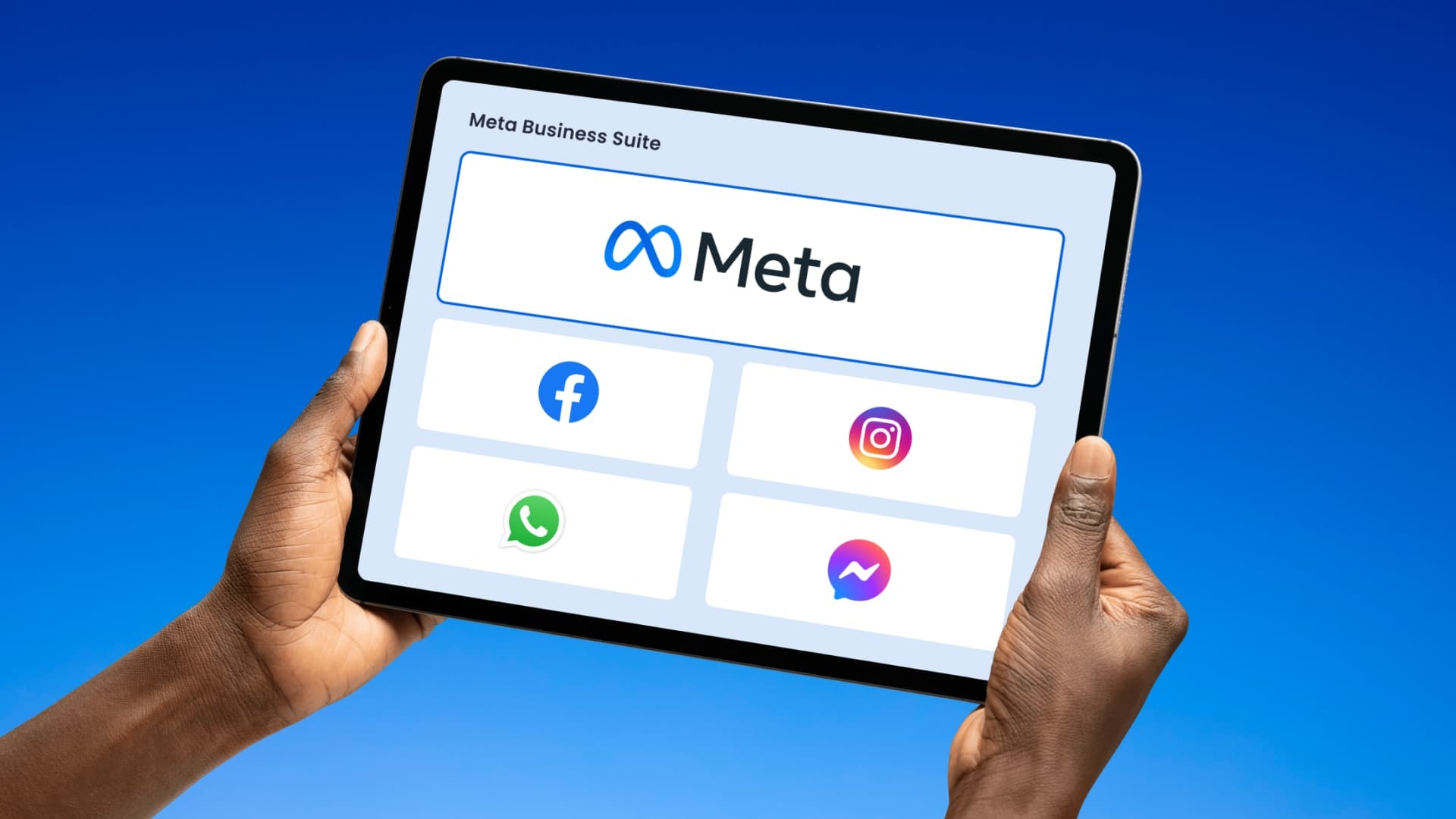 An illustration of an iPad showcasing all of the platforms under Meta.