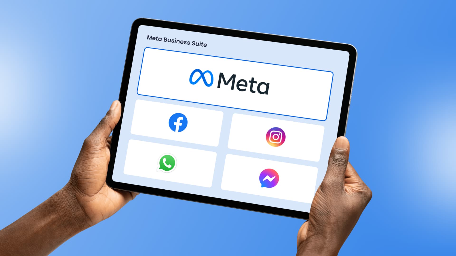 An illustration of an iPad showcasing all of the platforms under Meta.