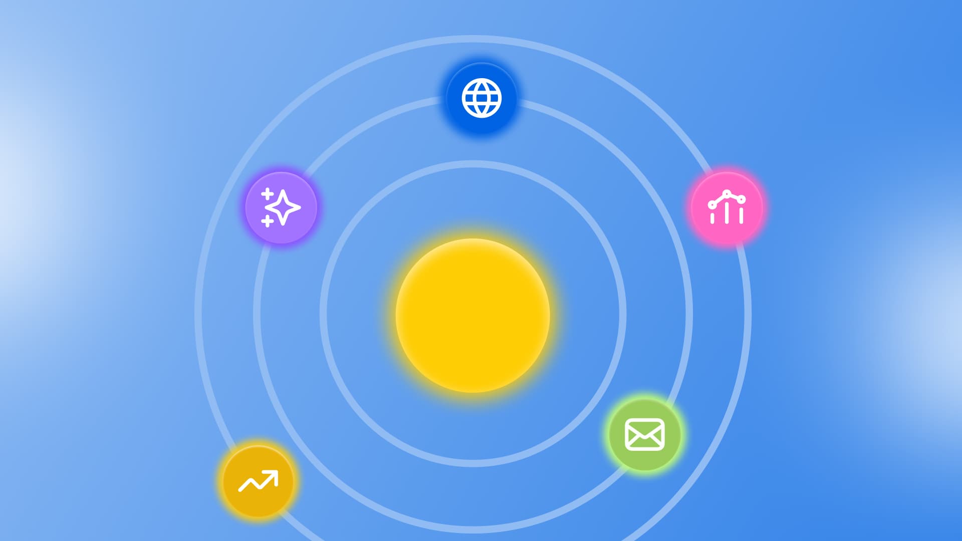 An illustration of a solar system with digital marketing icons orbiting.